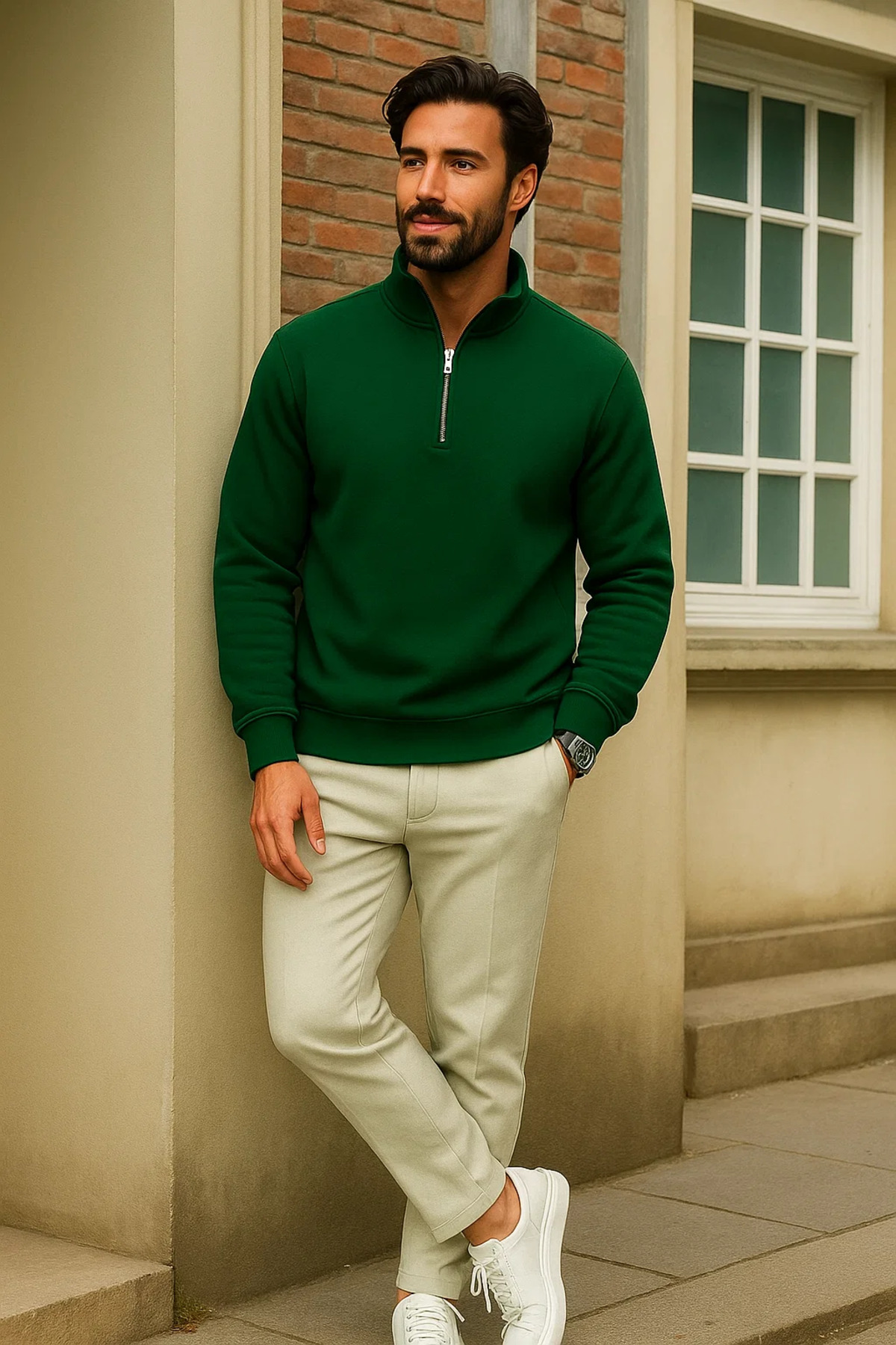 Erkek Kışlık Yeşil Oversize Fermuarlı Sweatshirt 4