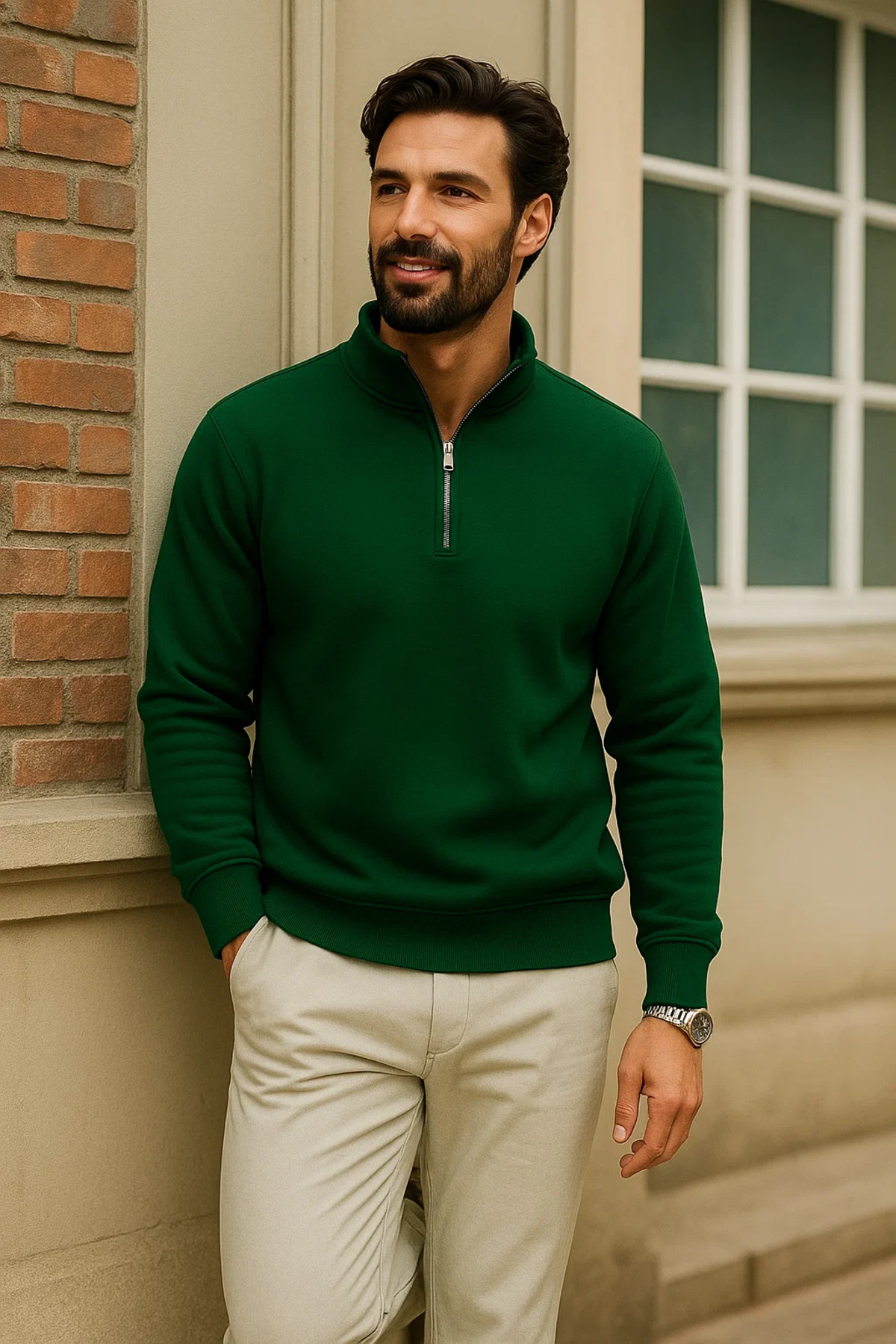 Erkek Kışlık Yeşil Oversize Fermuarlı Sweatshirt 3