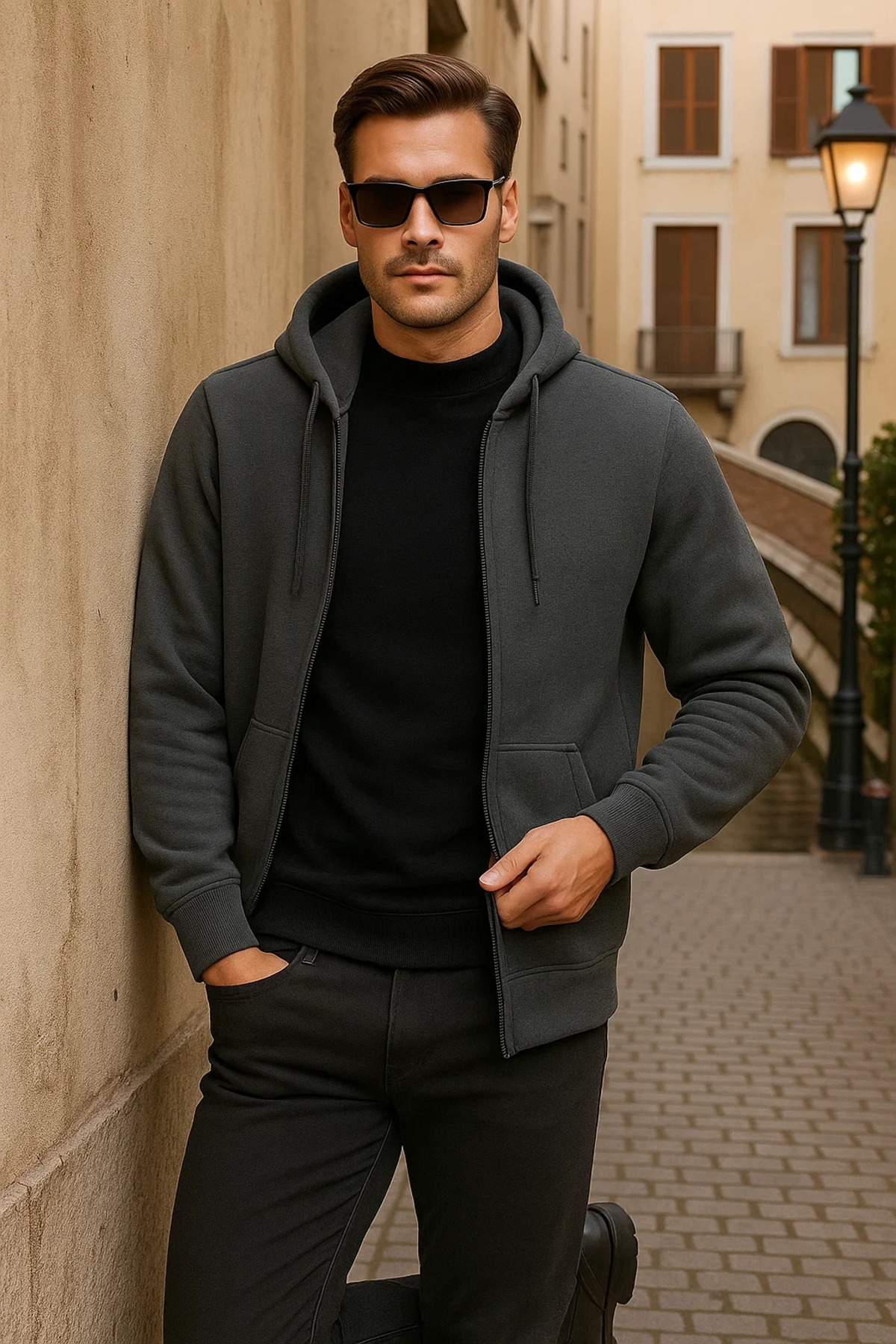 Erkek Kışlık Kapsonlu Antrasit Fermuarlı Oversize Sweat 4