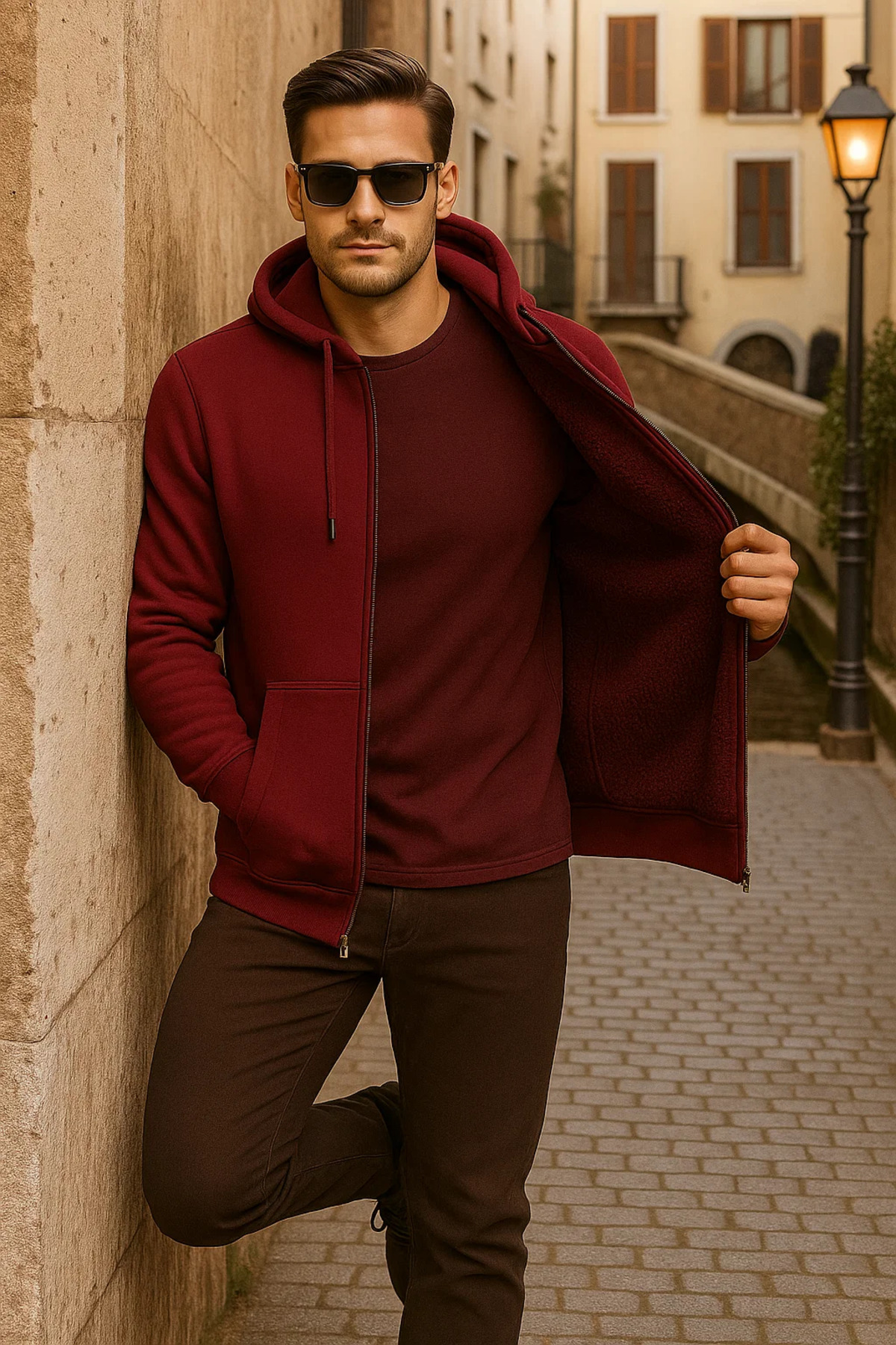 Erkek Kışlık Kapsonlu Bordo Fermuarlı Oversize Sweat 4