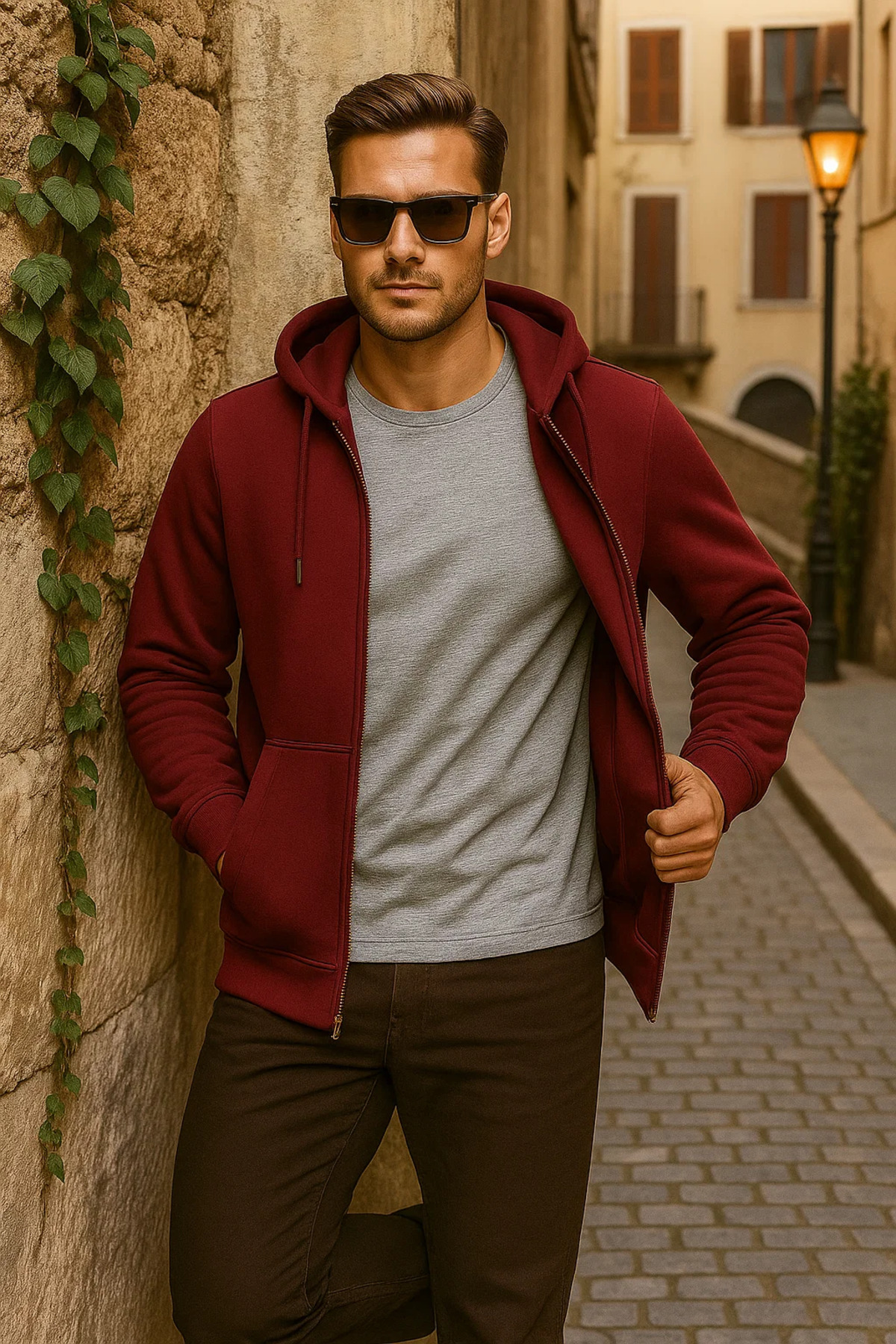 Erkek Kışlık Kapsonlu Bordo Fermuarlı Oversize Sweat 3