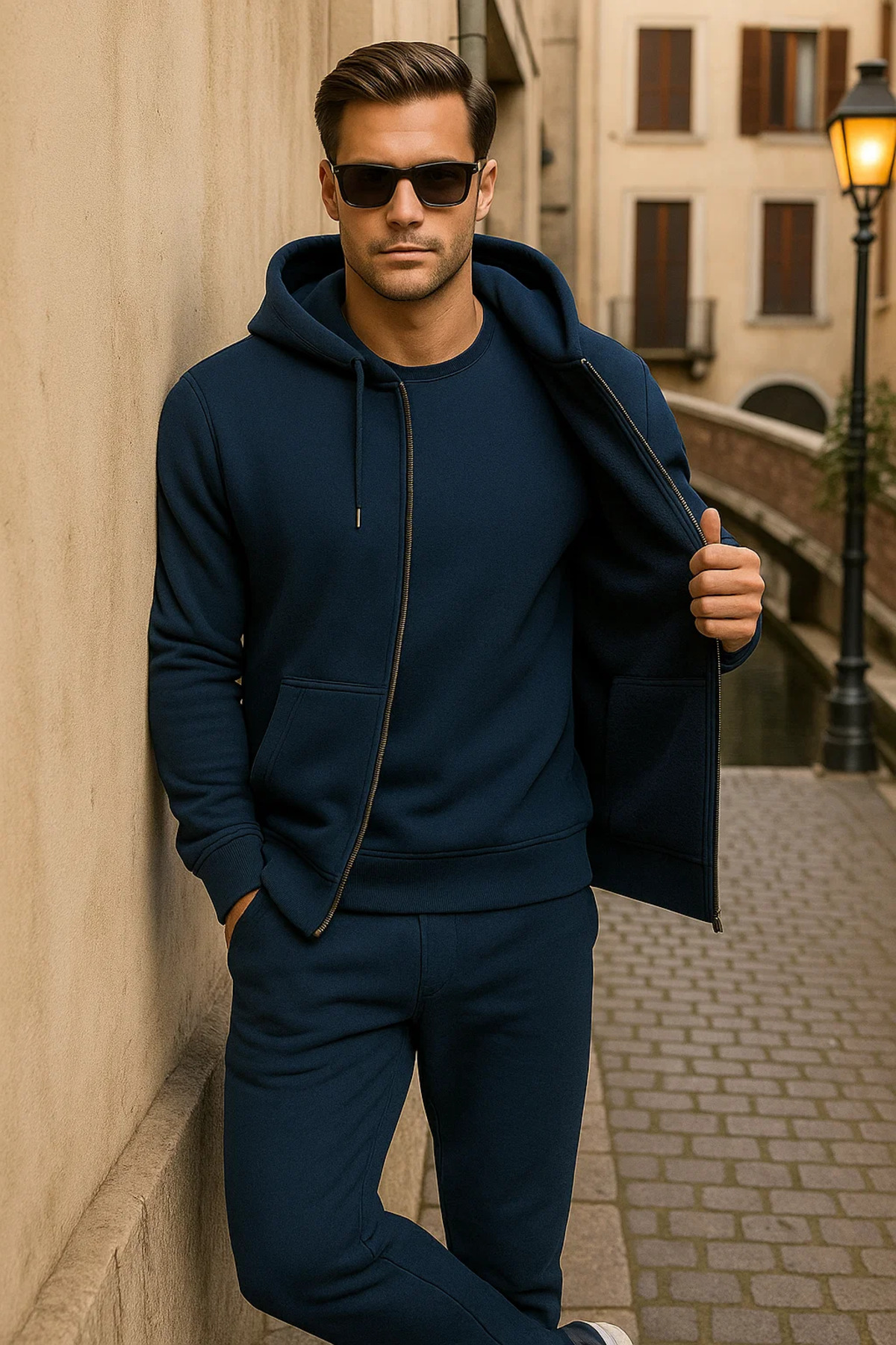 Erkek Kışlık Kapsonlu Koyu Mavi Fermuarlı Oversize Sweat 3