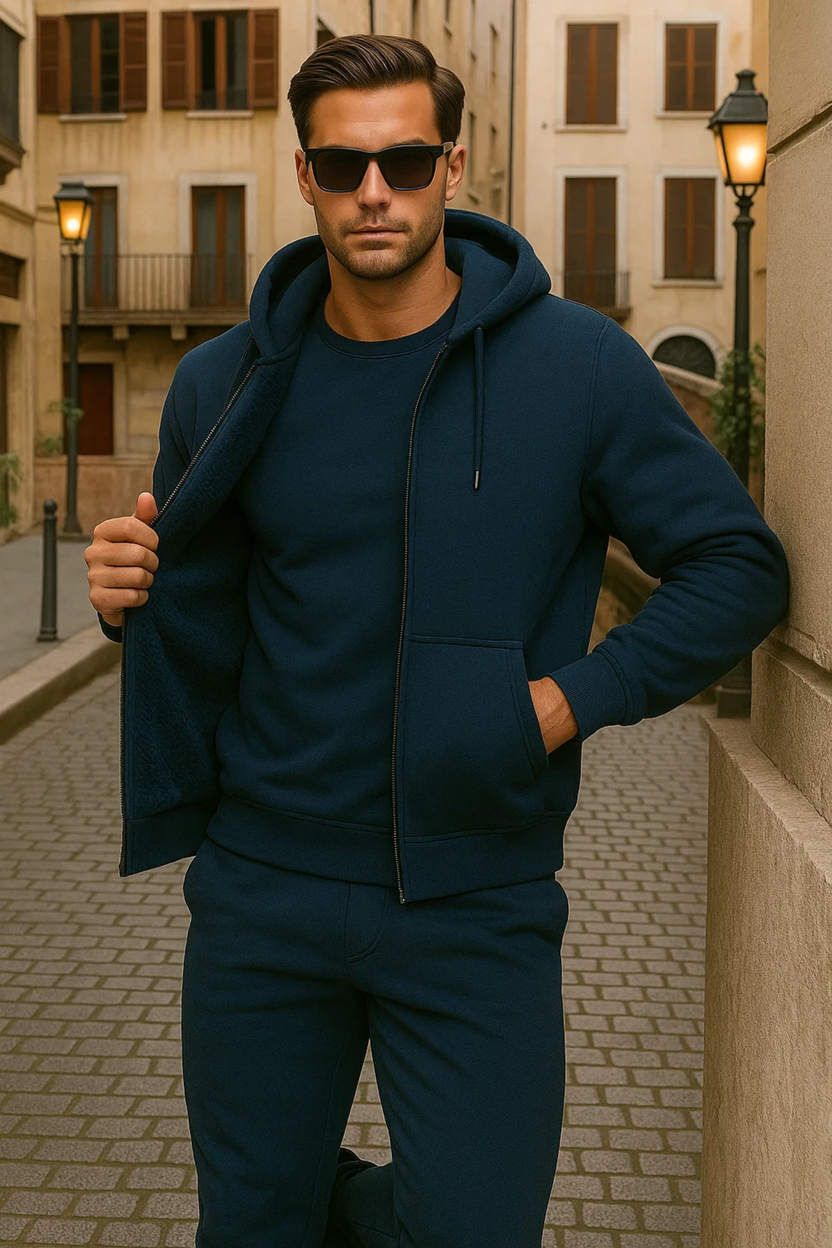 Erkek Kışlık Kapsonlu Koyu Mavi Fermuarlı Oversize Sweat 4