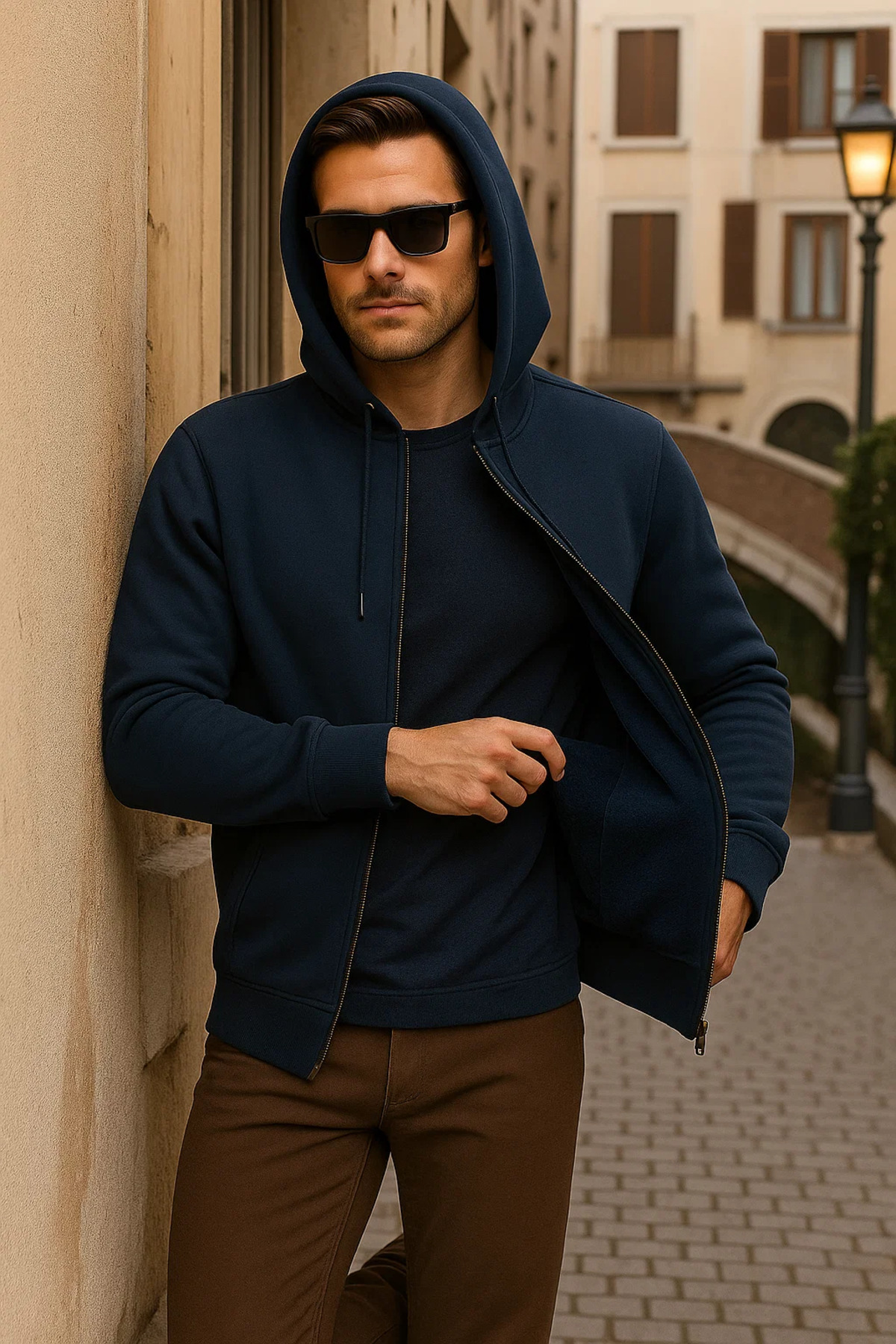 Erkek Kışlık Kapsonlu Lacivert Fermuarlı Oversize Sweat 3