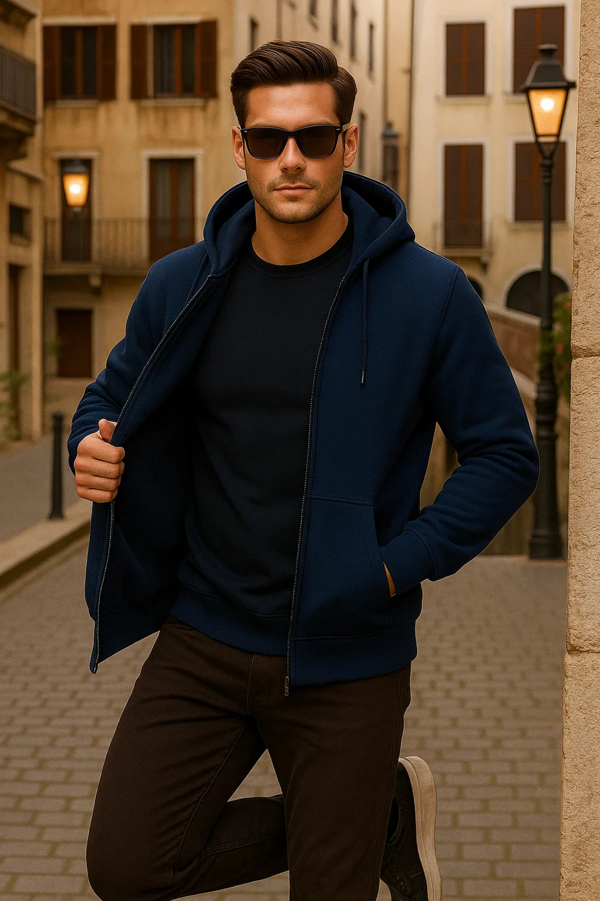 Erkek Kışlık Kapsonlu Mavi Fermuarlı Oversize Sweat 3