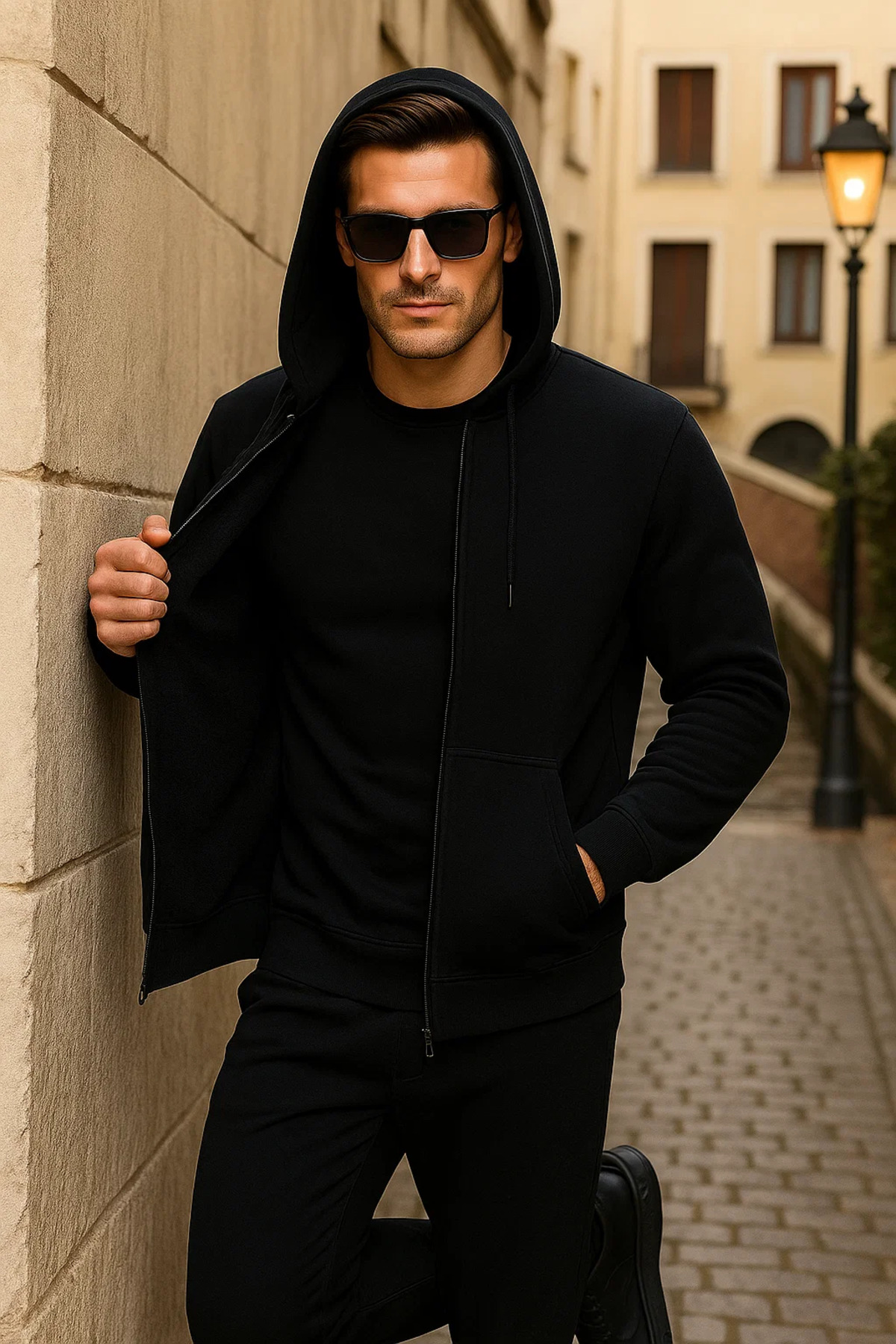 Erkek Kışlık Kapsonlu Siyah Fermuarlı Oversize Sweat 4
