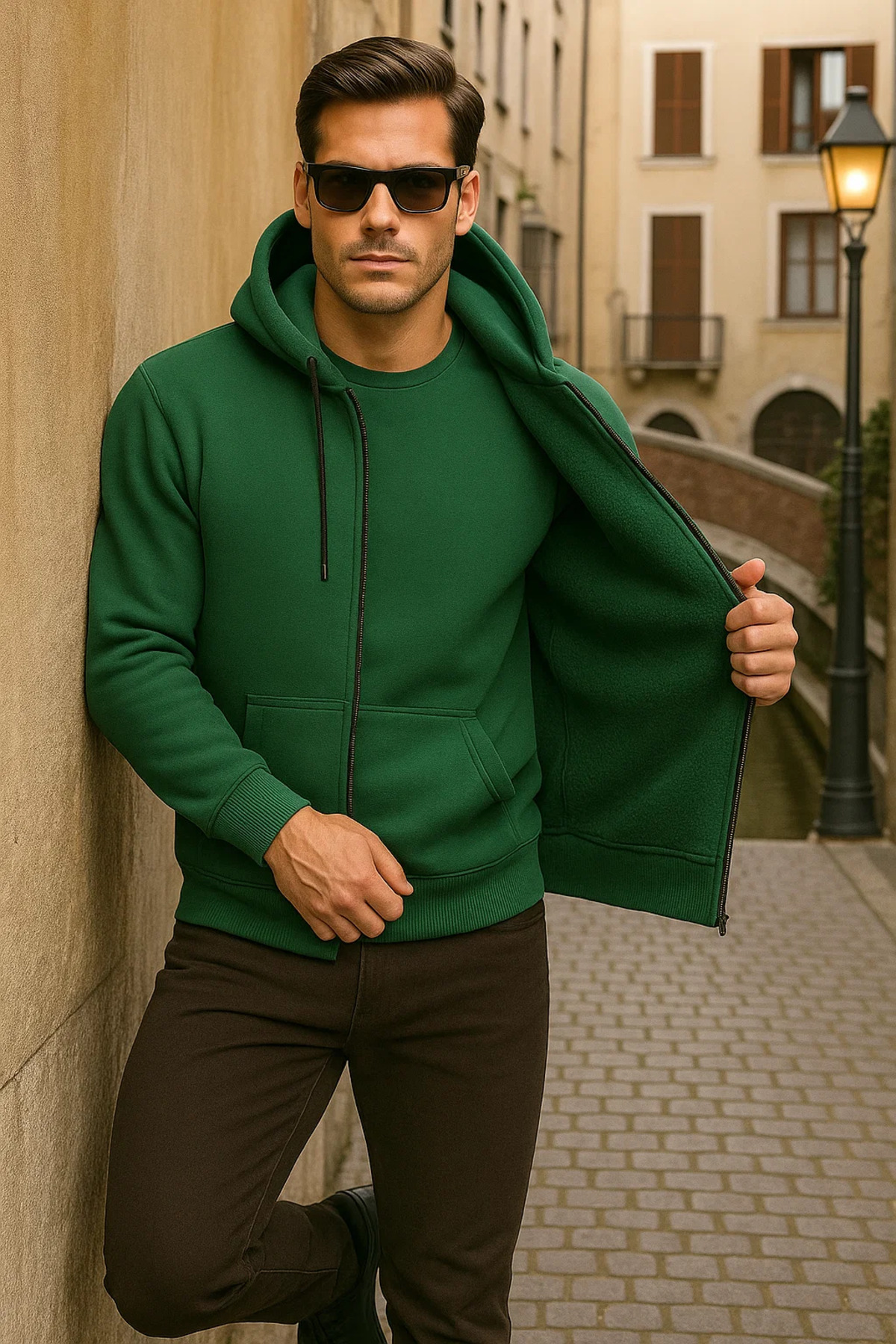 Erkek Kışlık Kapsonlu Yeşil Fermuarlı Oversize Sweat 4