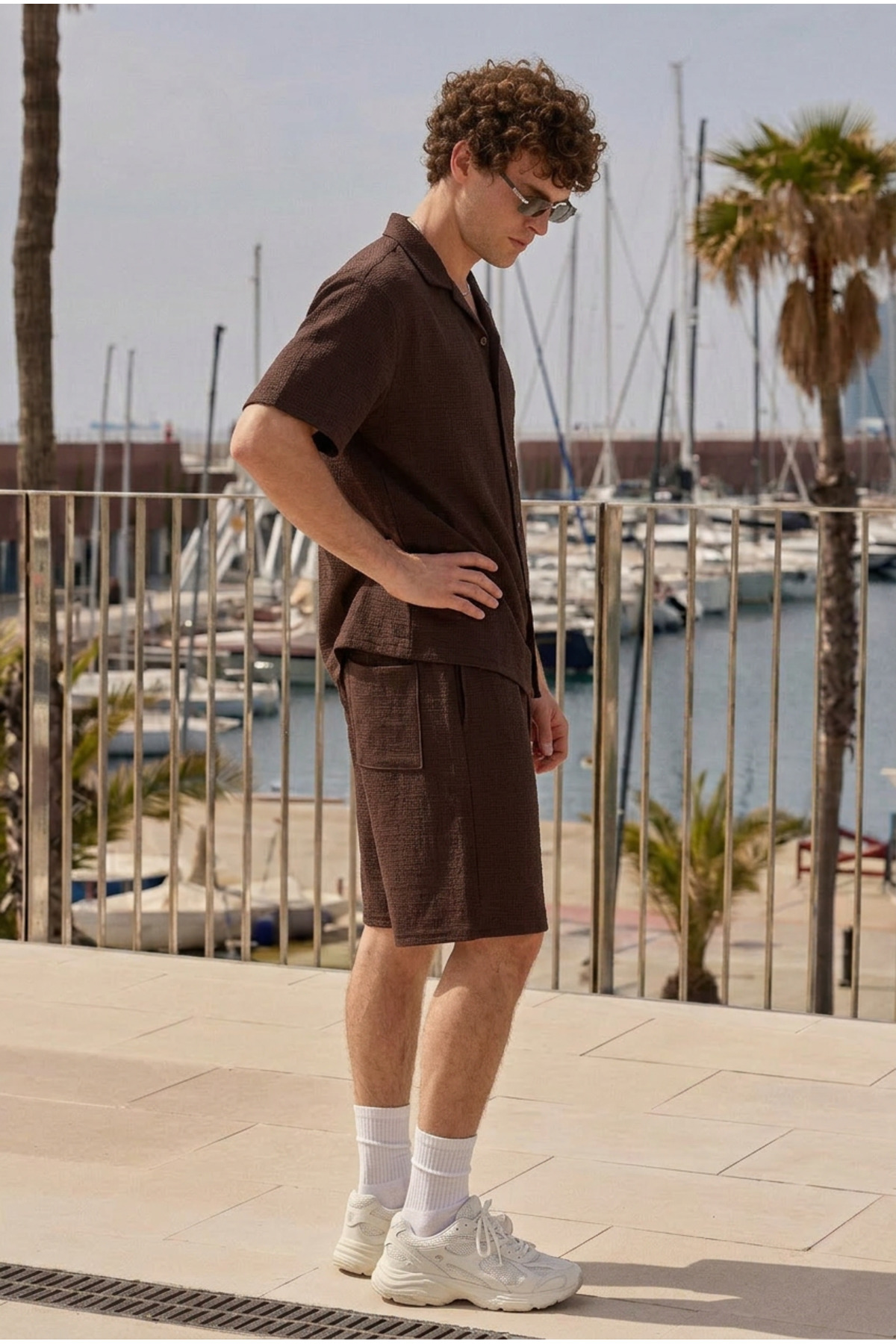 Erkek Premium Rahat Gömlek Jogger Keten Şort Kahve İkili Takım 4