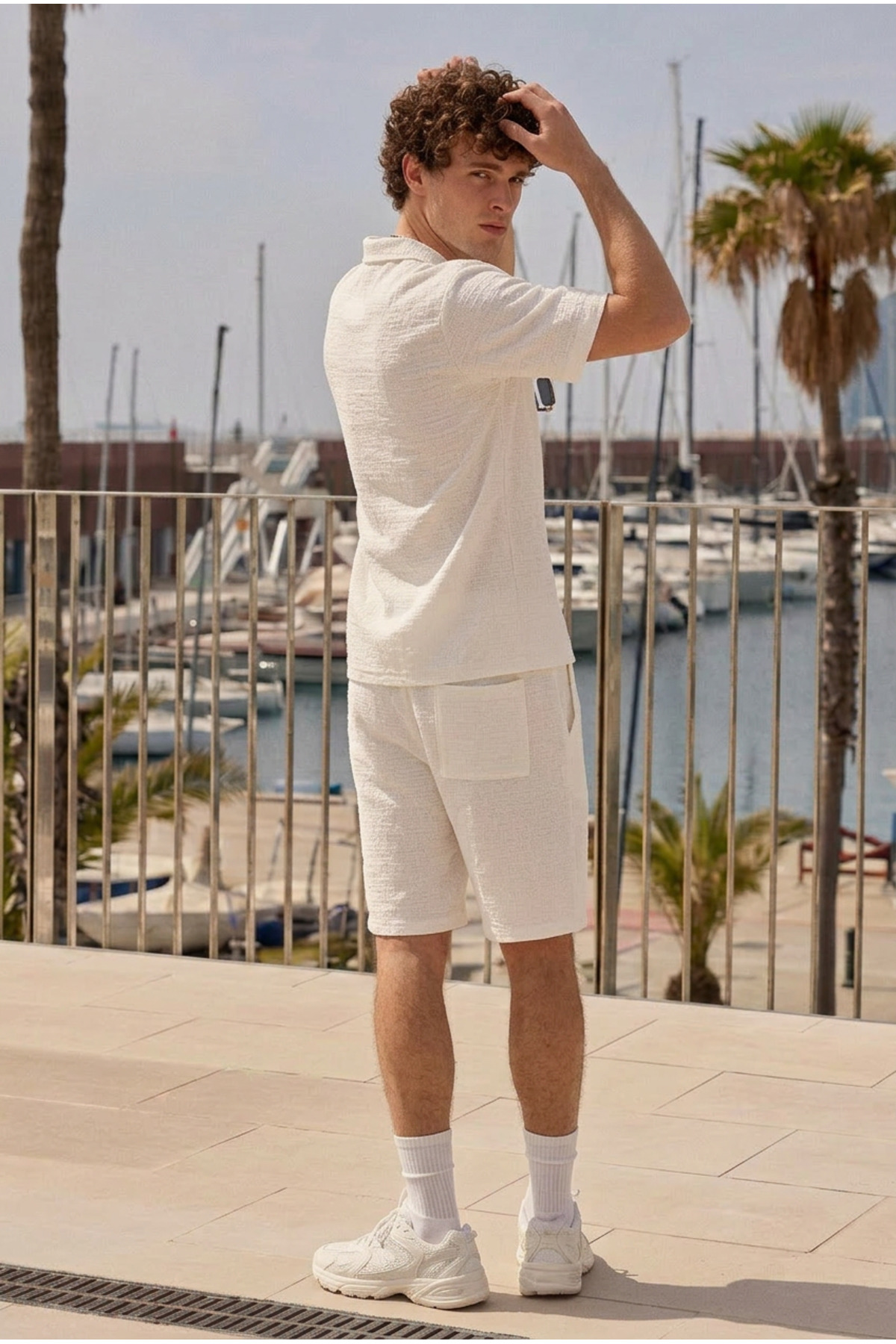 Erkek Premium Rahat Gömlek Jogger Keten Şort Beyaz İkili Takım 3