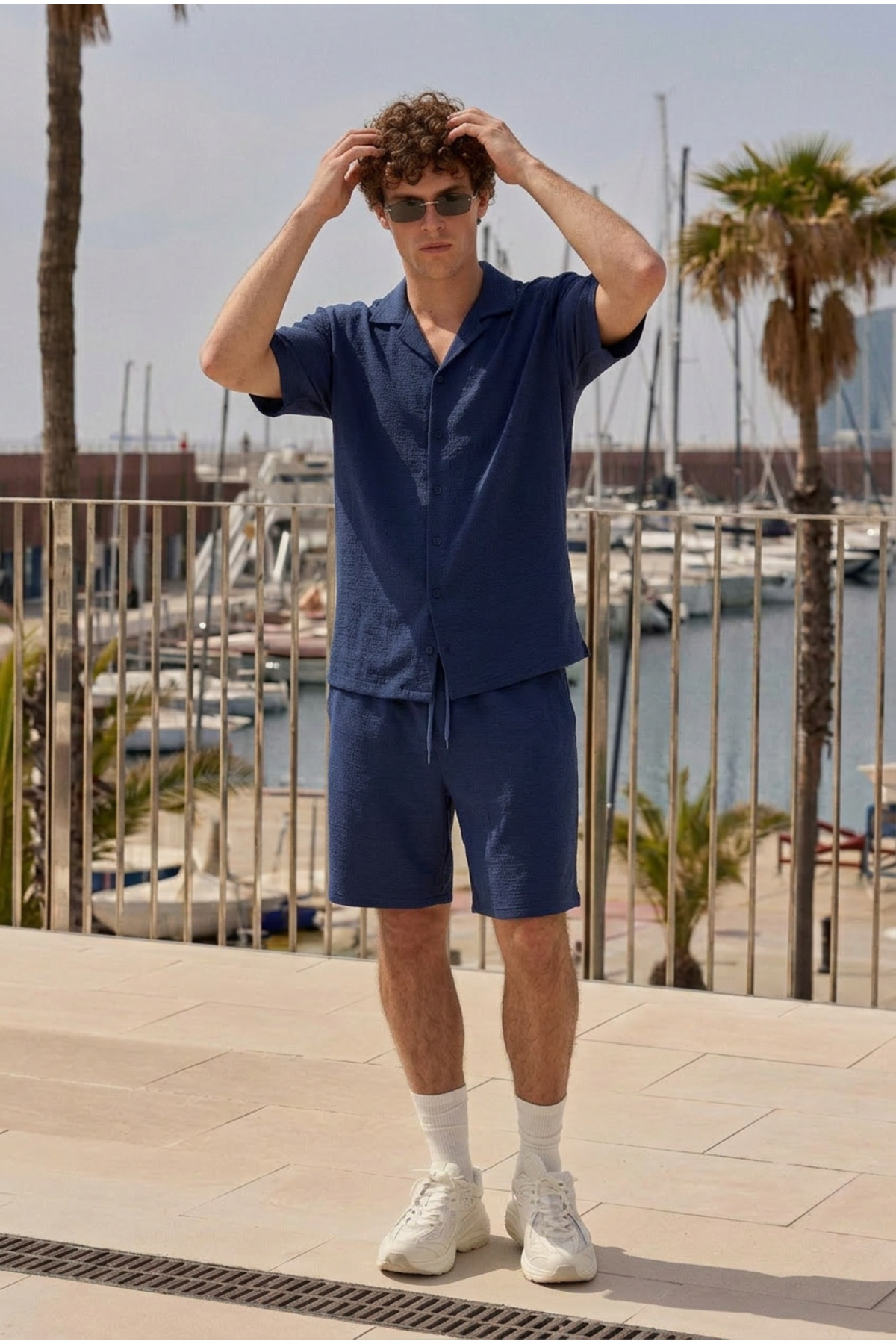 Erkek Premium Rahat Gömlek Jogger Keten Şort Kahve İkili Takım 3