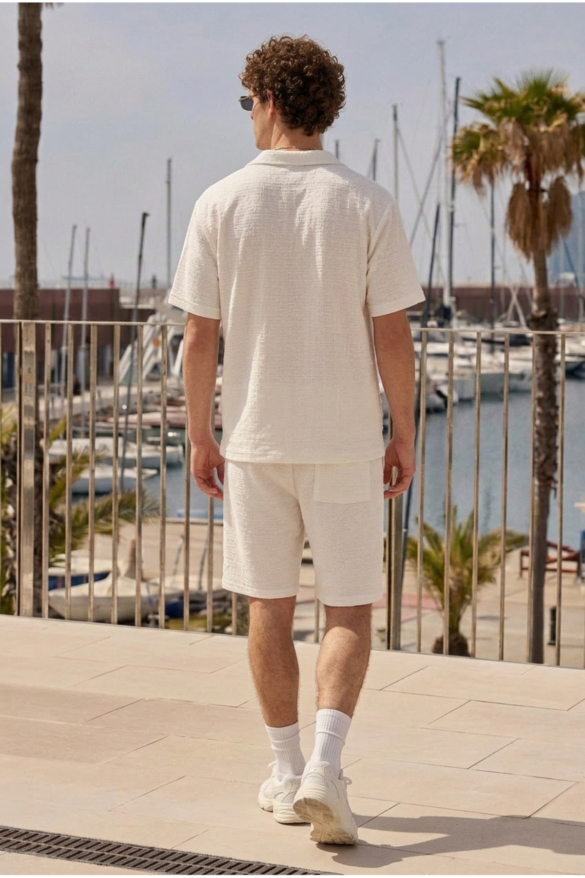 Erkek Premium Rahat Gömlek Jogger Keten Şort Beyaz İkili Takım 5