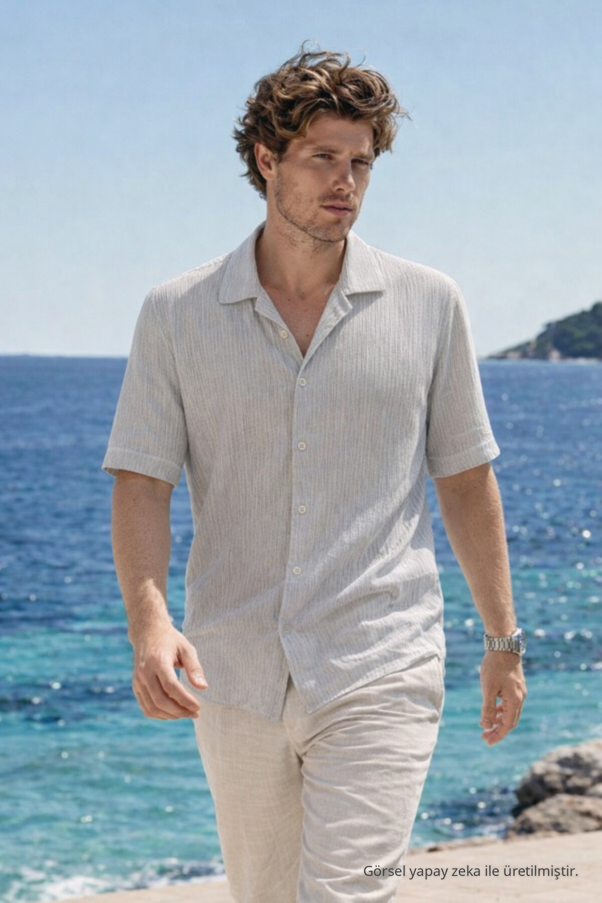 Erkek Premium Comfort Polo Yaka Gri Keten Gömlek 3