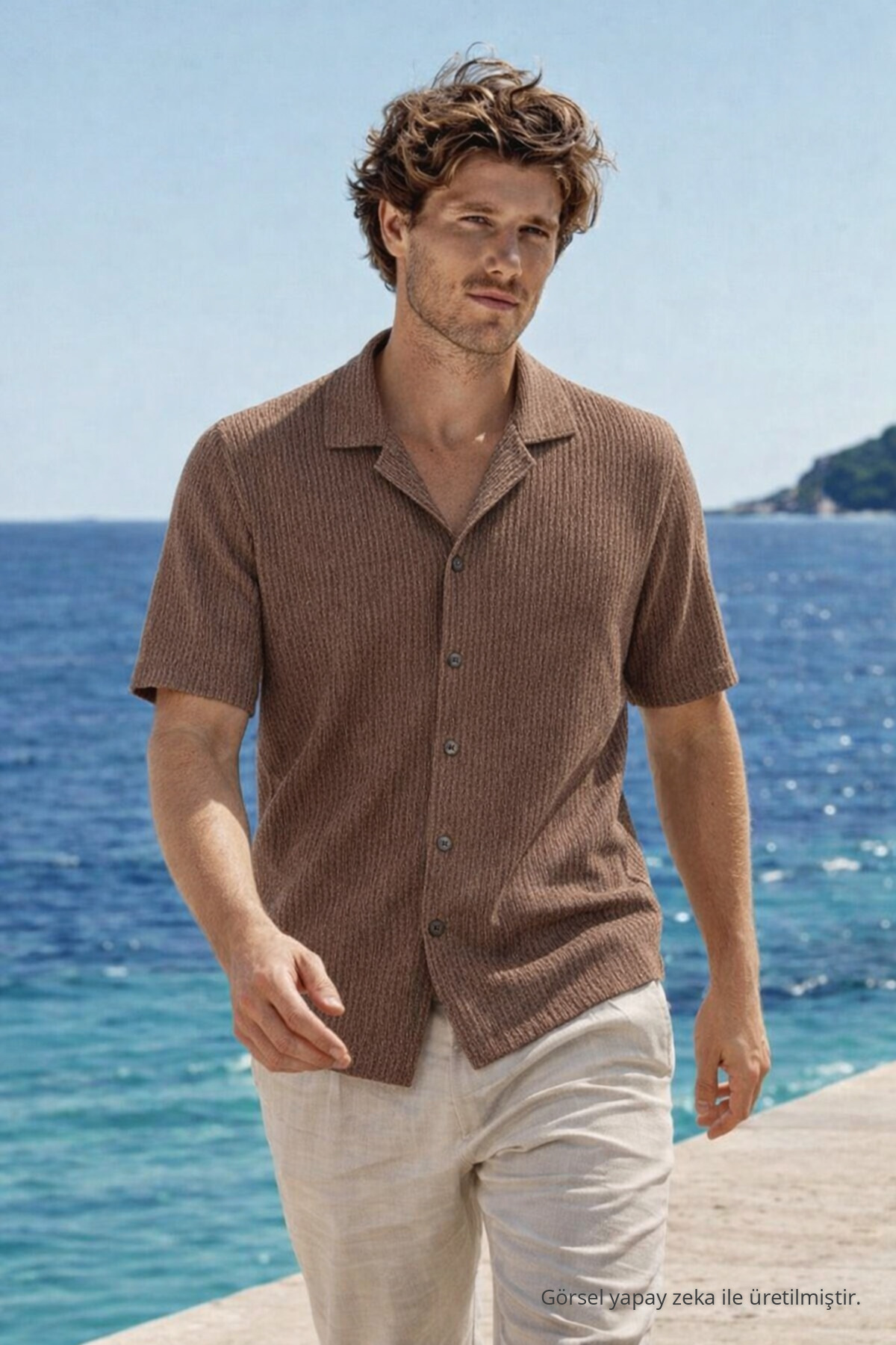 Erkek Premium Comfort Polo Yaka Kahve Keten Gömlek 3