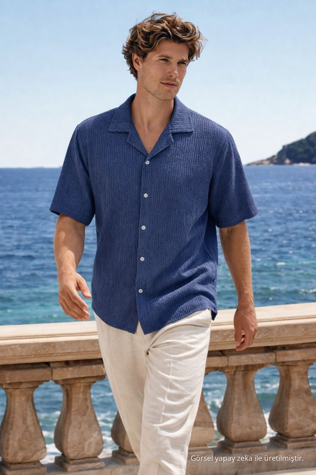 Erkek Premium Comfort Polo Yaka Lacivert Keten Gömlek 4