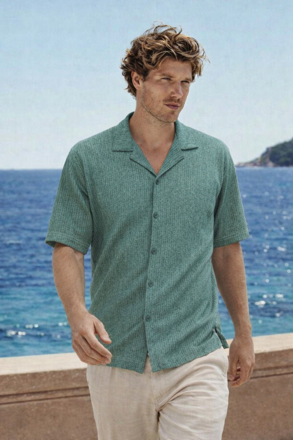 Erkek Premium Comfort Polo Yaka Haki Keten Gömlek 3