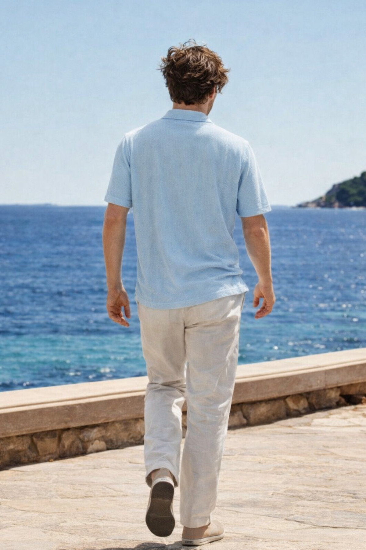Erkek Premium Comfort Polo Yaka Mavi Keten Gömlek 6