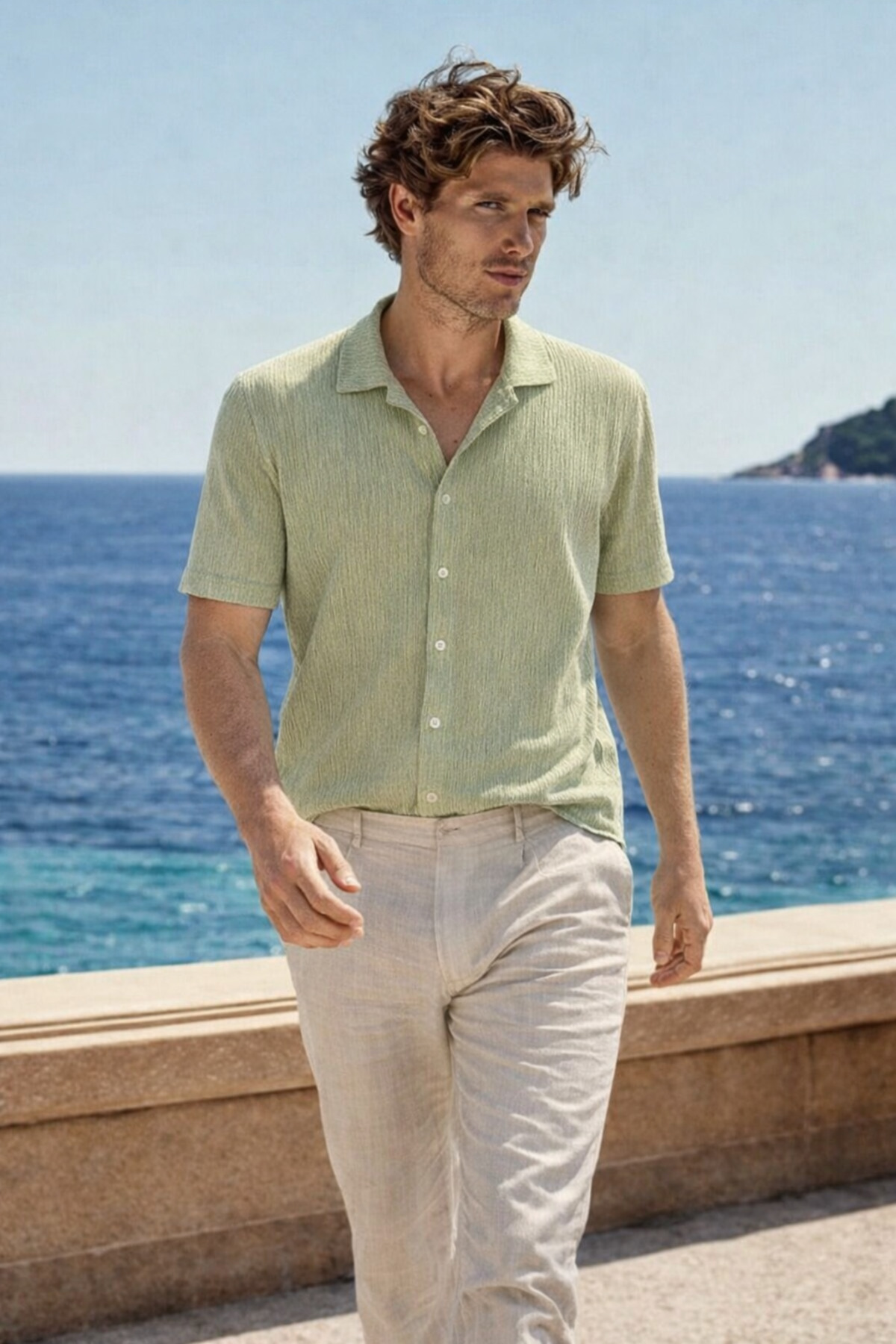 Erkek Premium Comfort Polo Yaka Yeşil Keten Gömlek 4