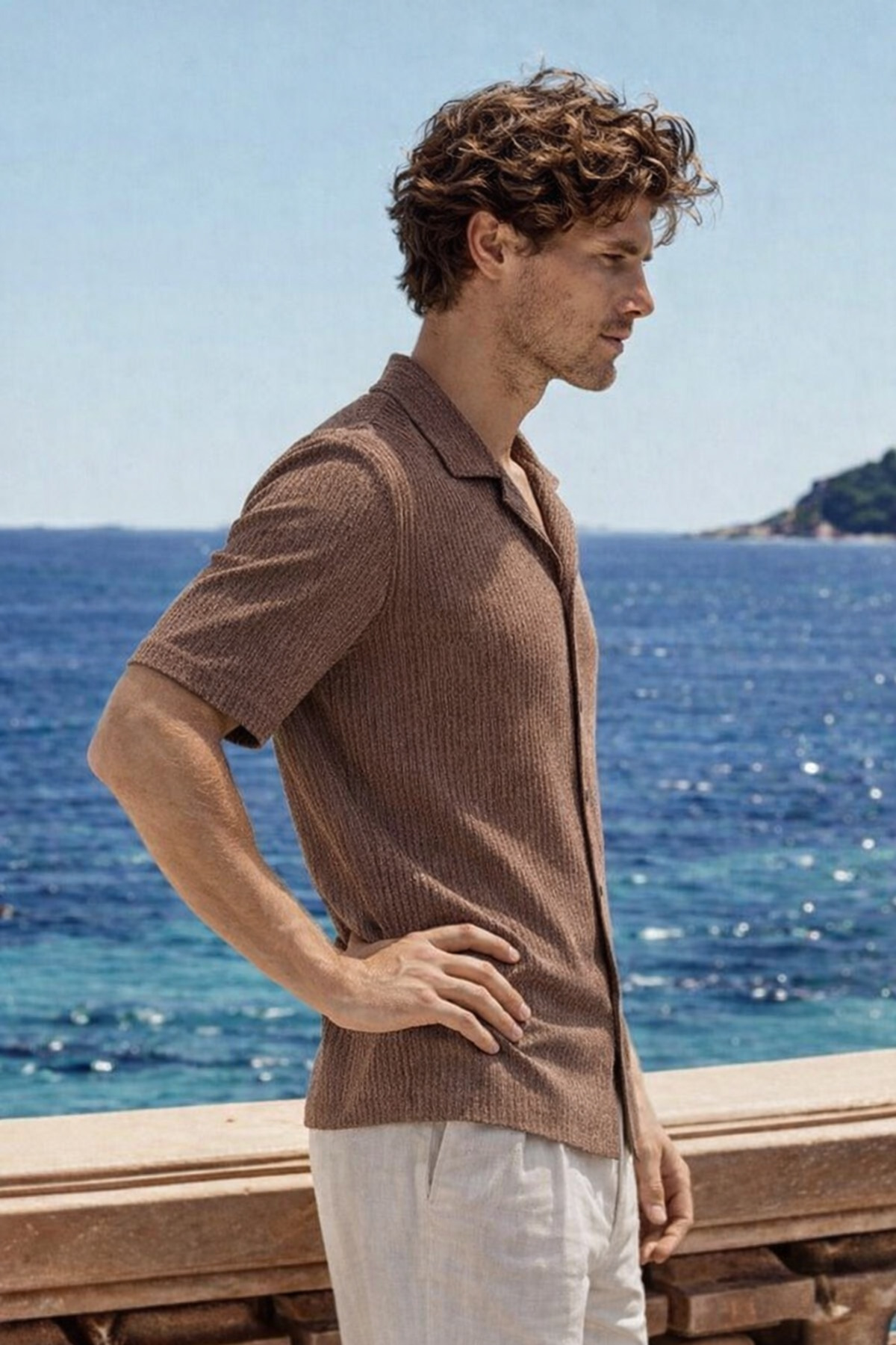 Erkek Premium Comfort Polo Yaka Kahverengi Keten Gömlek 5
