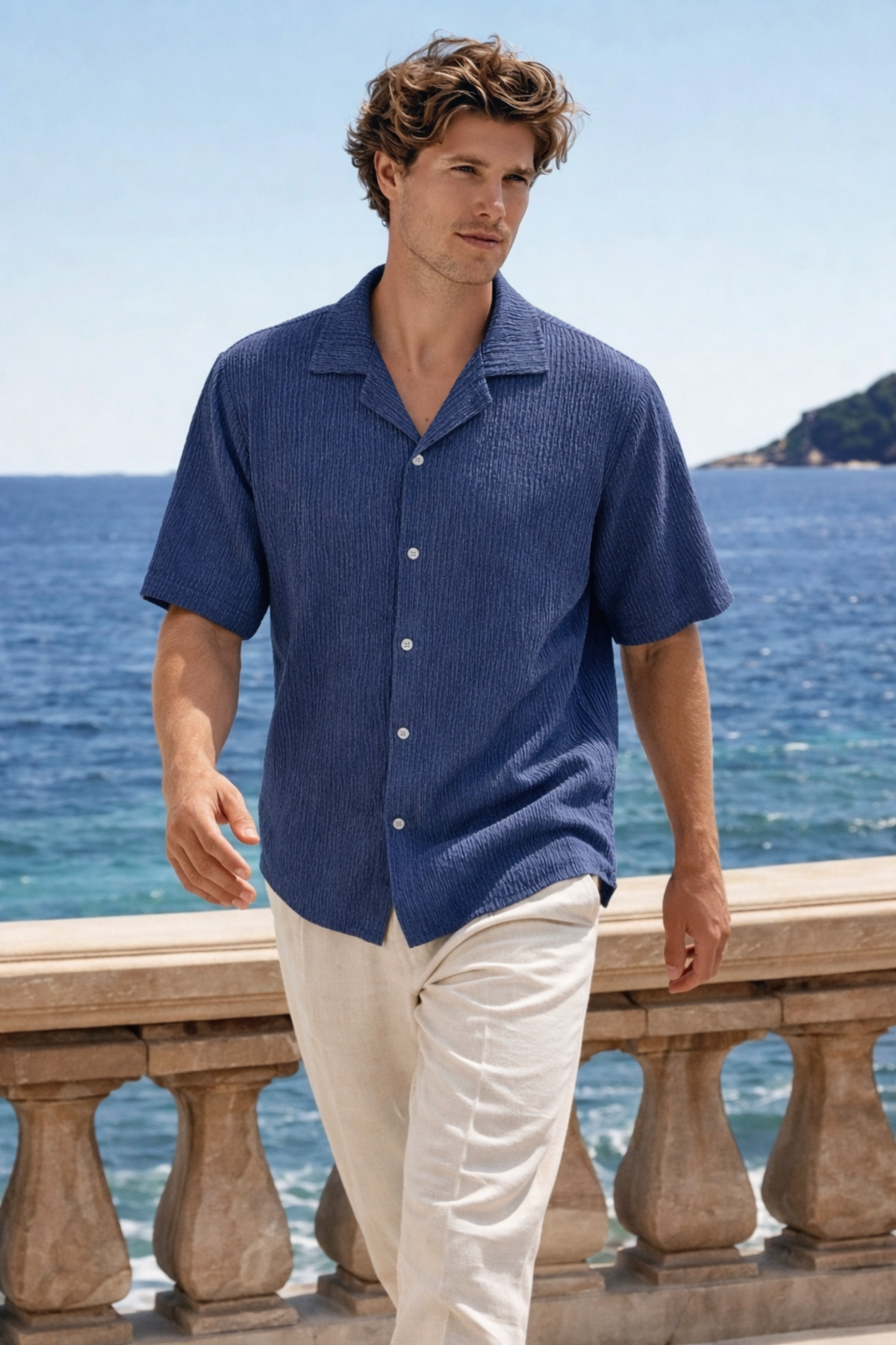 Erkek Premium Comfort Polo Yaka Lacivert Keten Gömlek 4