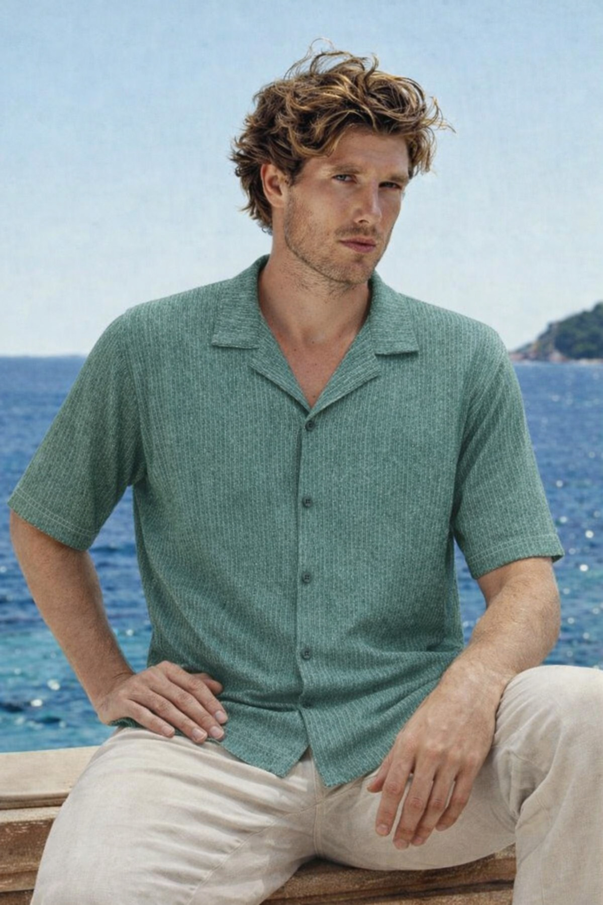Erkek Premium Comfort Polo Yaka Haki Keten Gömlek 4