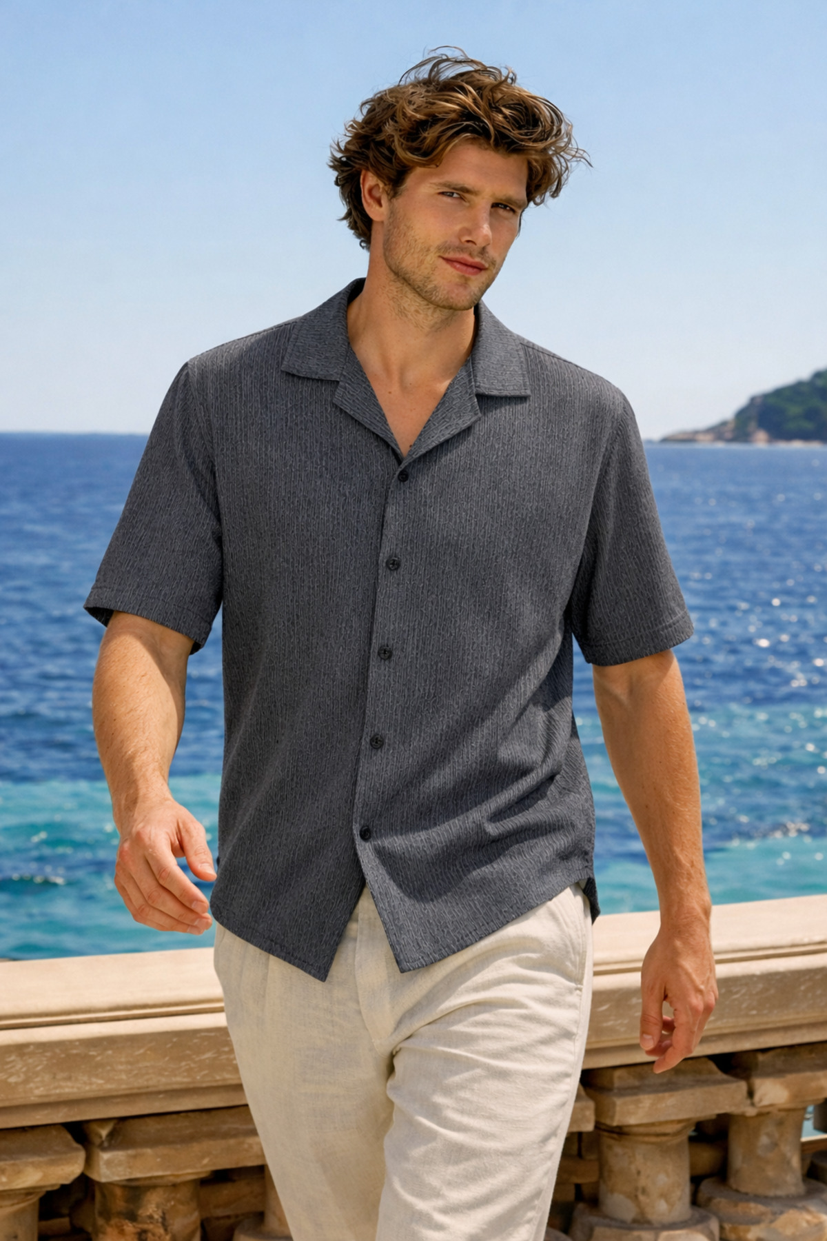 Erkek Premium Comfort Polo Yaka Siyah Keten Gömlek 4
