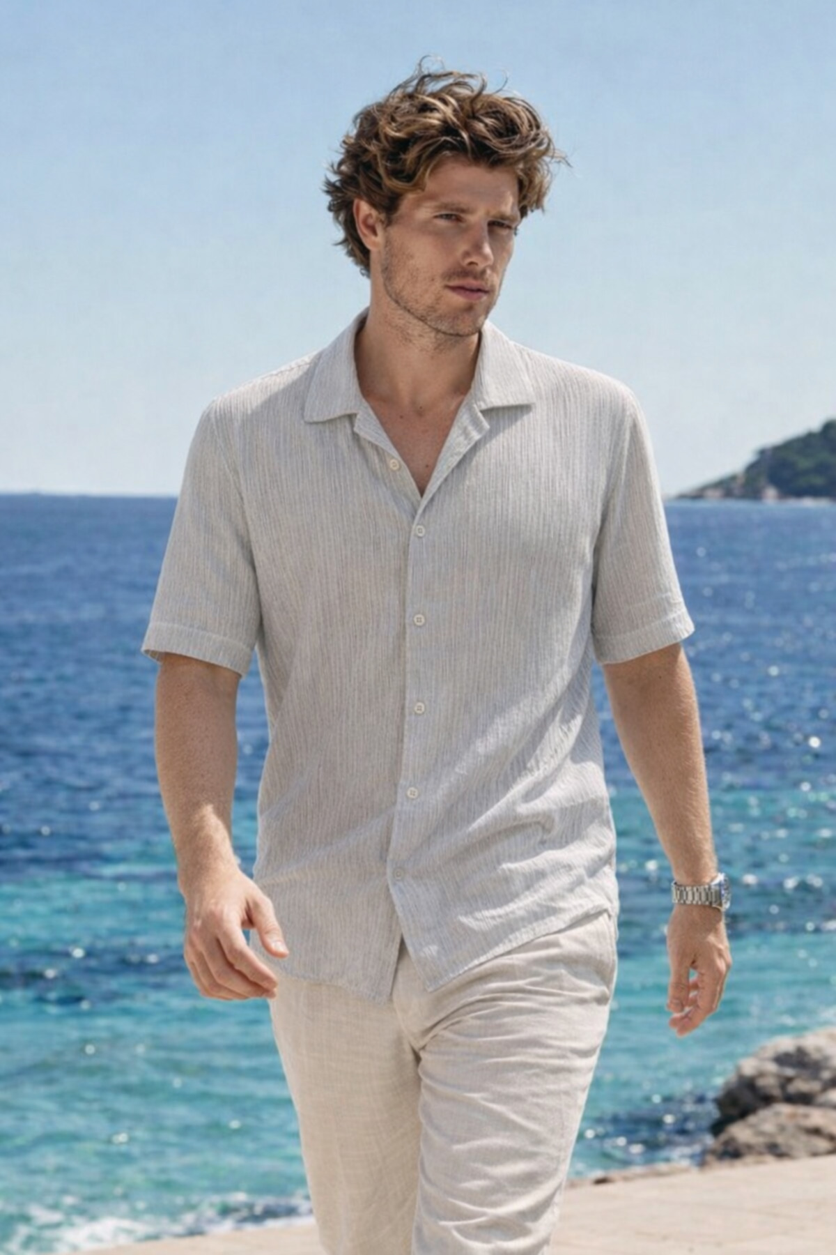 Erkek Premium Comfort Polo Yaka Gri Keten Gömlek 3