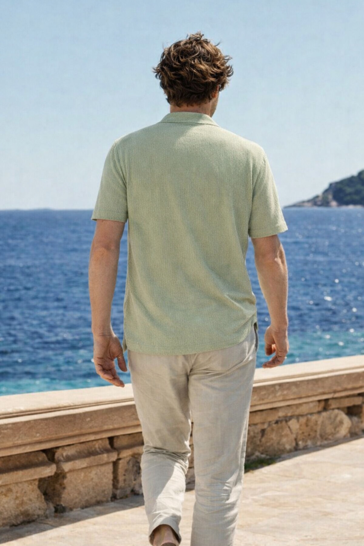 Erkek Premium Comfort Polo Yaka Yeşil Keten Gömlek 6