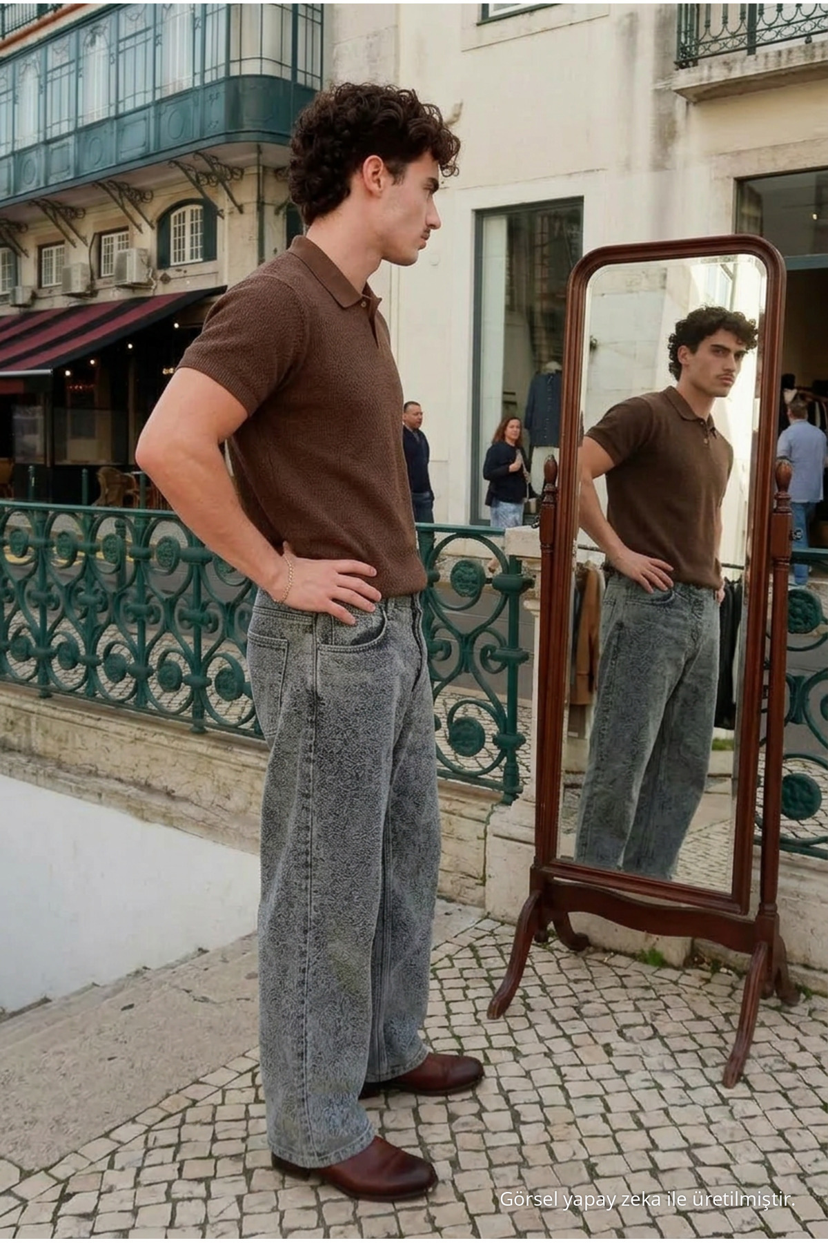 Erkek Dokulu Pamuklu Trend Bol Kahve Polo Yaka Tişört 4
