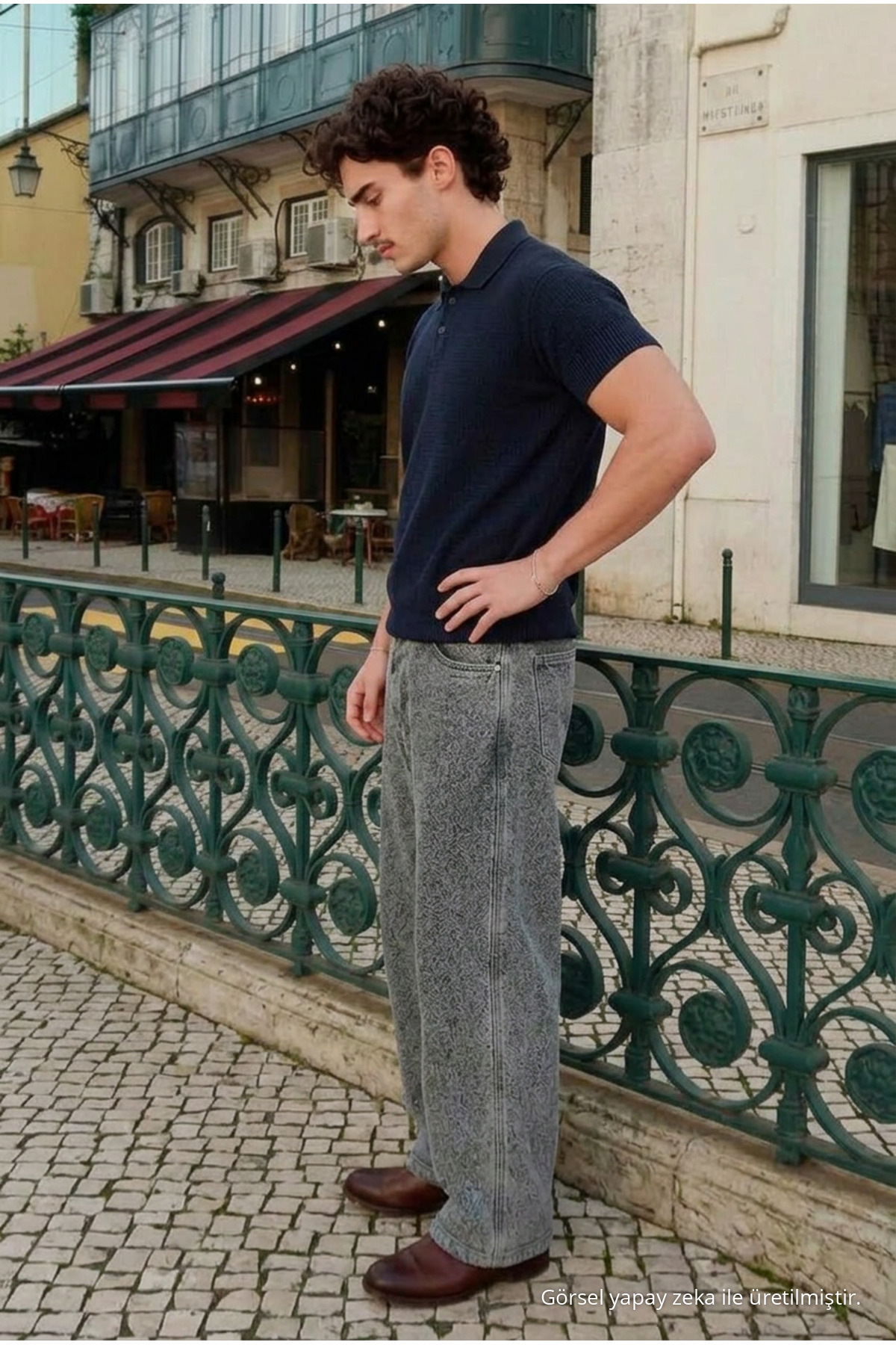 Erkek Dokulu Pamuklu Trend Bol Lacivert Polo Yaka Tişört 4
