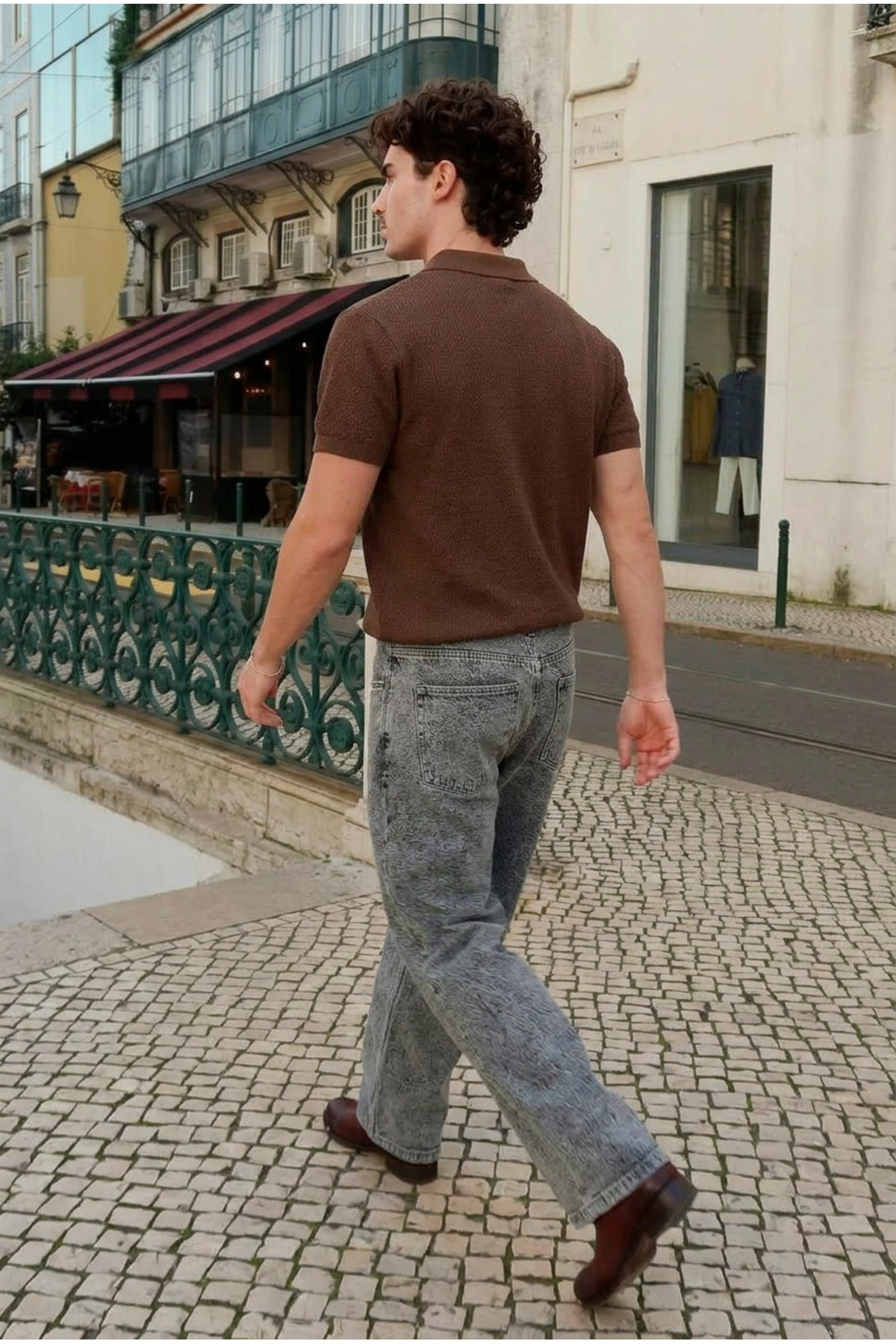 Erkek Dokulu Pamuklu Trend Bol Kahverengi Polo Yaka Tişört 6