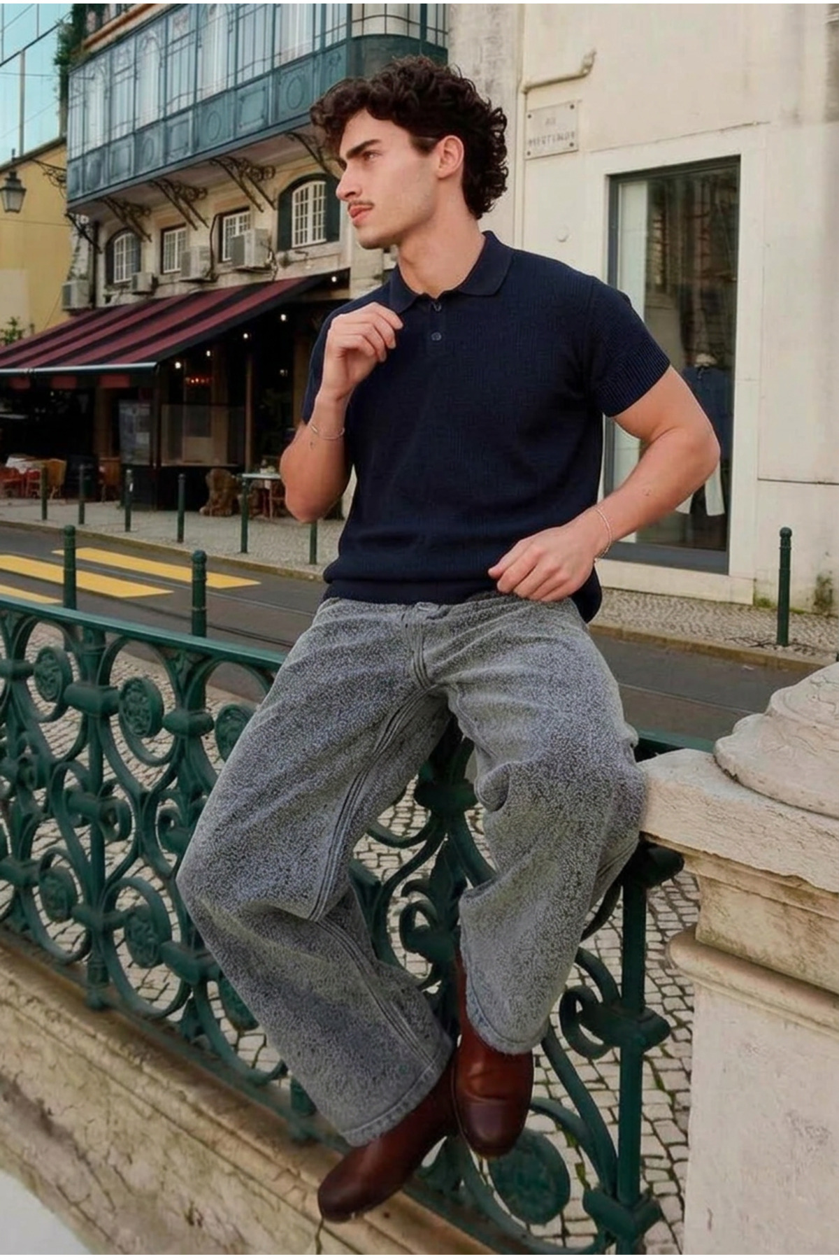 Erkek Dokulu Pamuklu Trend Bol Lacivert Polo Yaka Tişört 6
