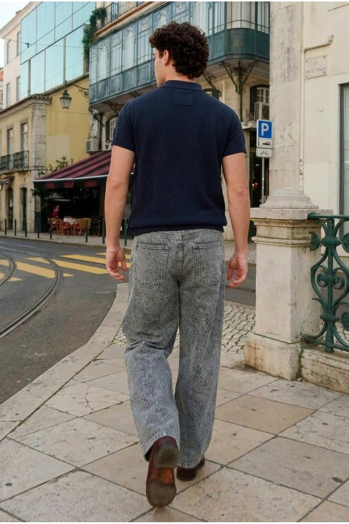 Erkek Dokulu Pamuklu Trend Bol Lacivert Polo Yaka Tişört 7