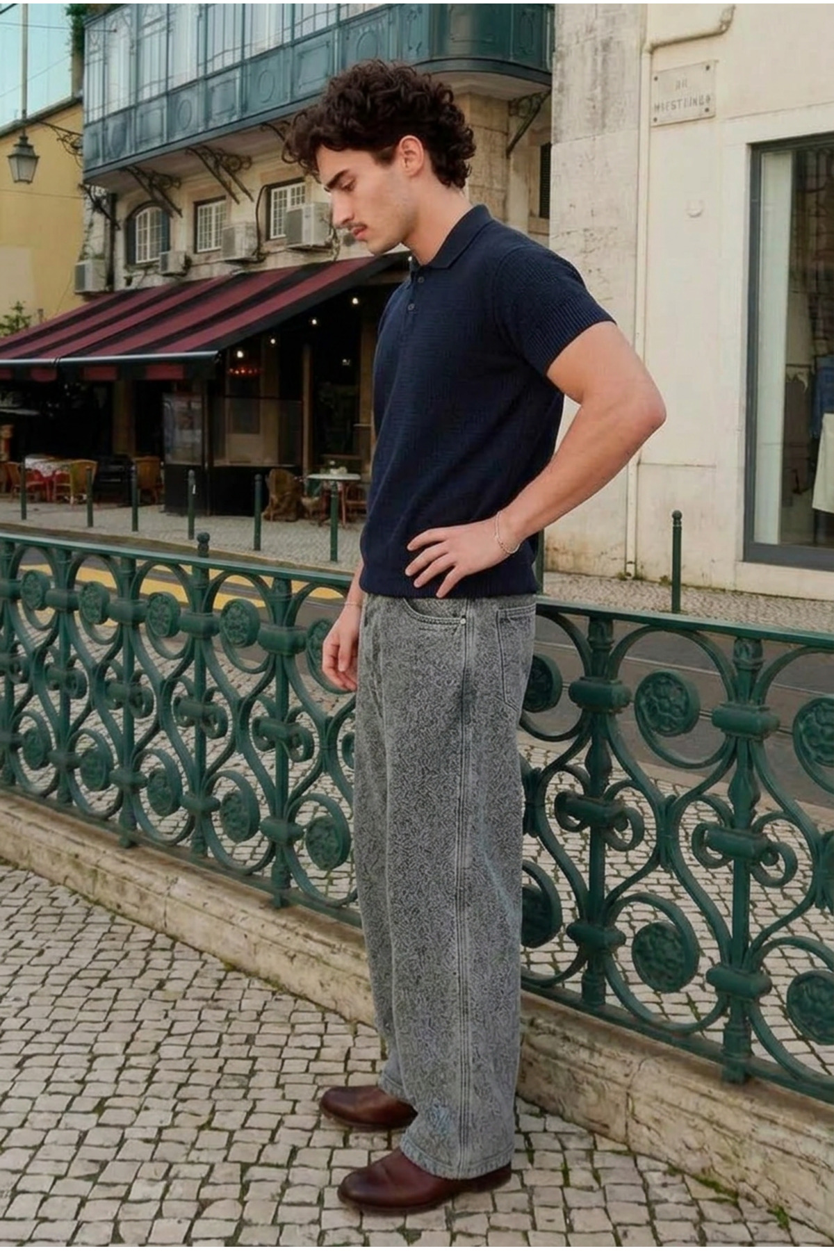 Erkek Dokulu Pamuklu Trend Bol Lacivert Polo Yaka Tişört 5