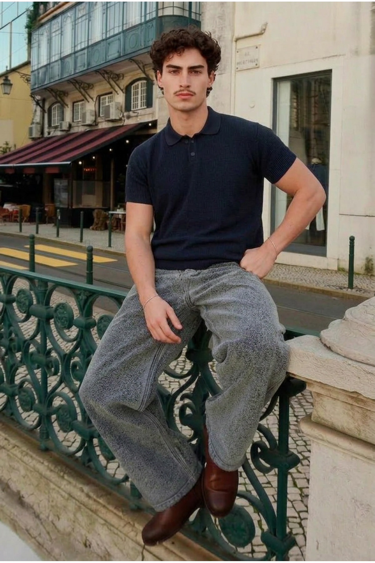 Erkek Dokulu Pamuklu Trend Bol Lacivert Polo Yaka Tişört 4