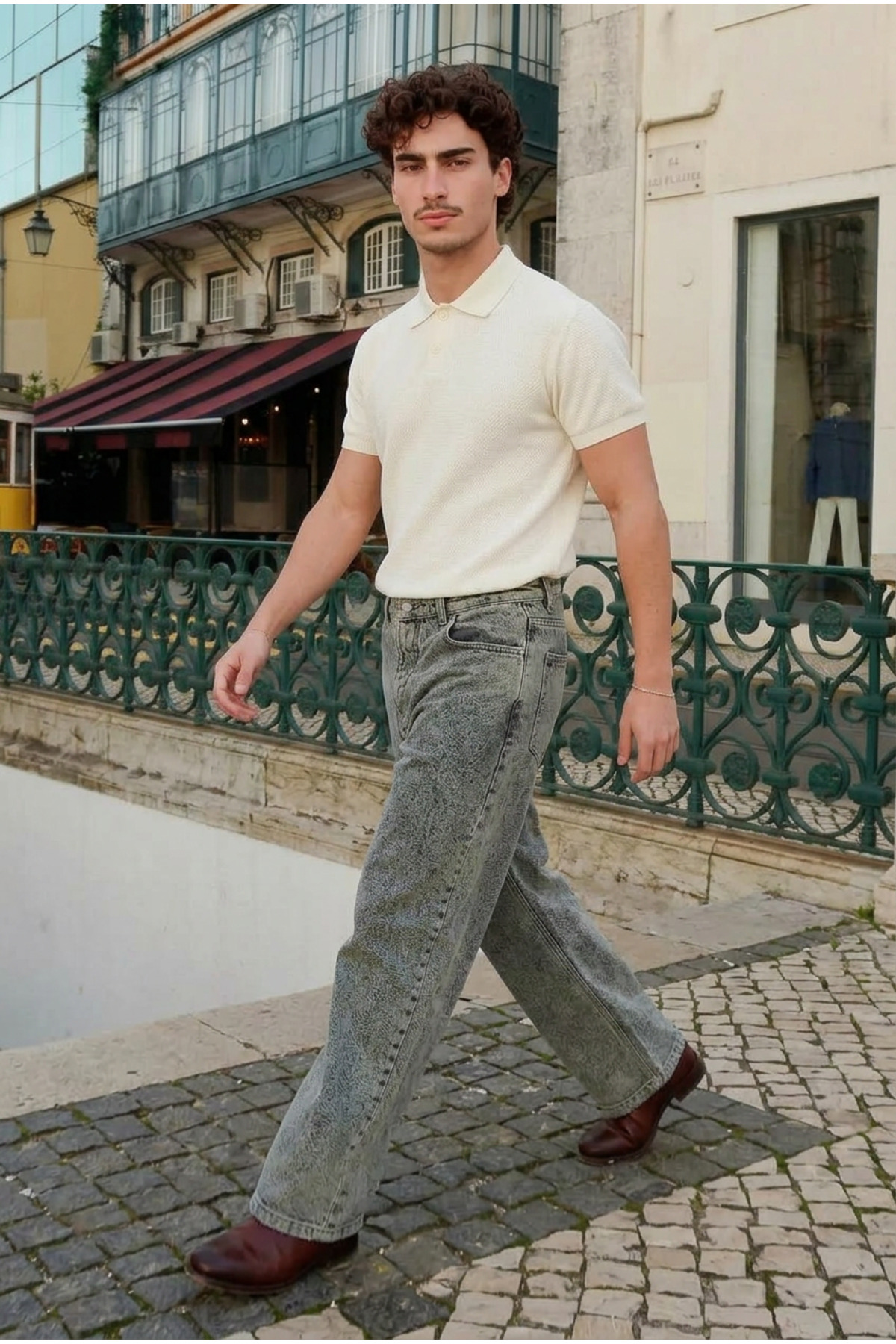 Erkek Dokulu Pamuklu Trend Bol Krem Polo Yaka Tişört 3