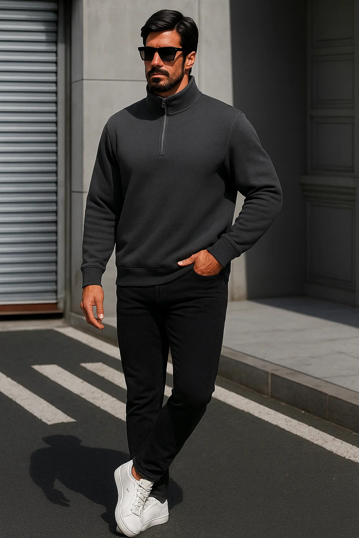 Erkek Trend Oversize Antrasit Fermuarlı Sweatshirt 4