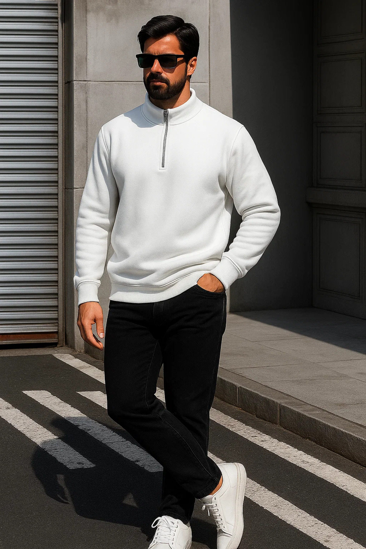 Erkek Trend Oversize Beyaz Fermuarlı Sweatshirt 4