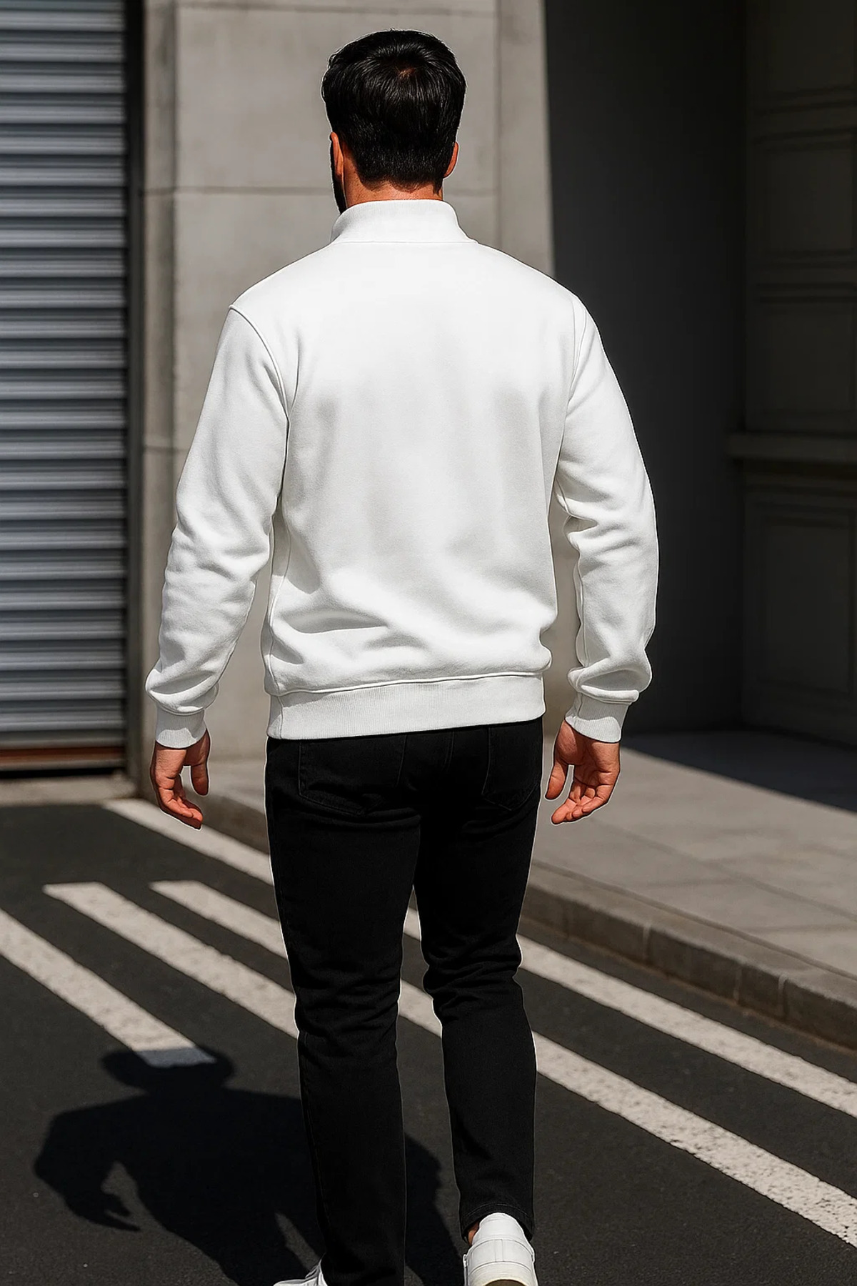 Erkek Trend Oversize Beyaz Fermuarlı Sweatshirt 6