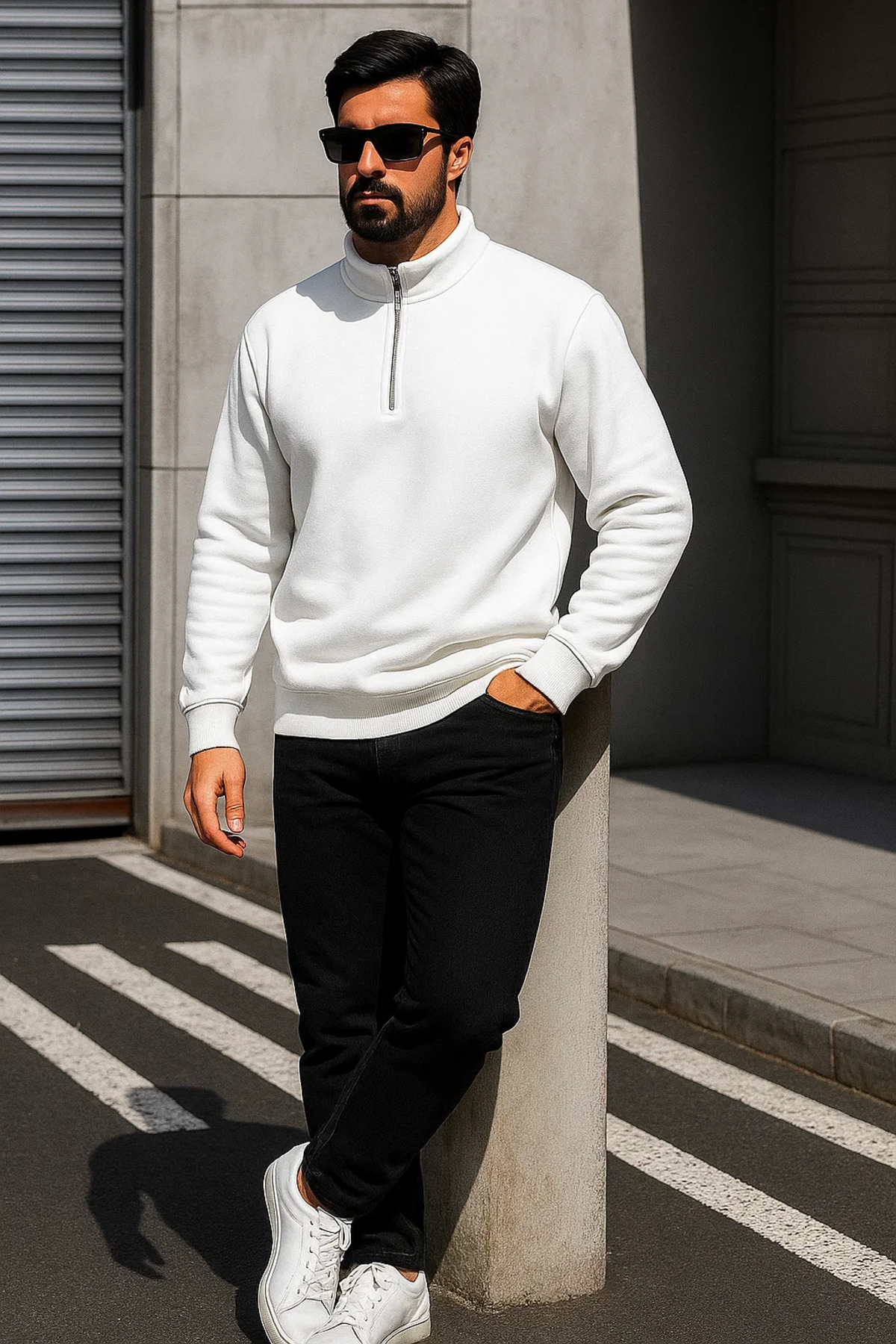 Erkek Trend Oversize Beyaz Fermuarlı Sweatshirt 3