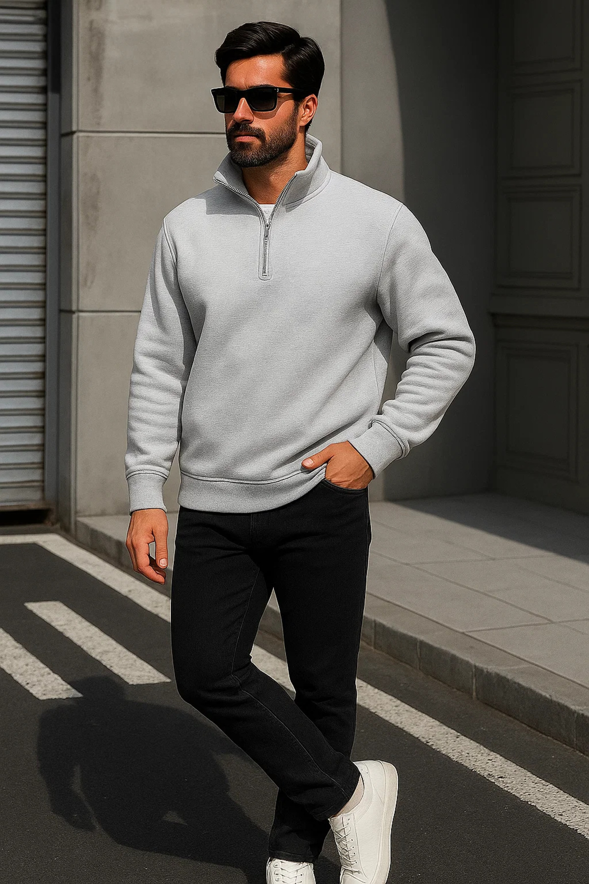 Erkek Trend Oversize Gri Fermuarlı Sweatshirt 3