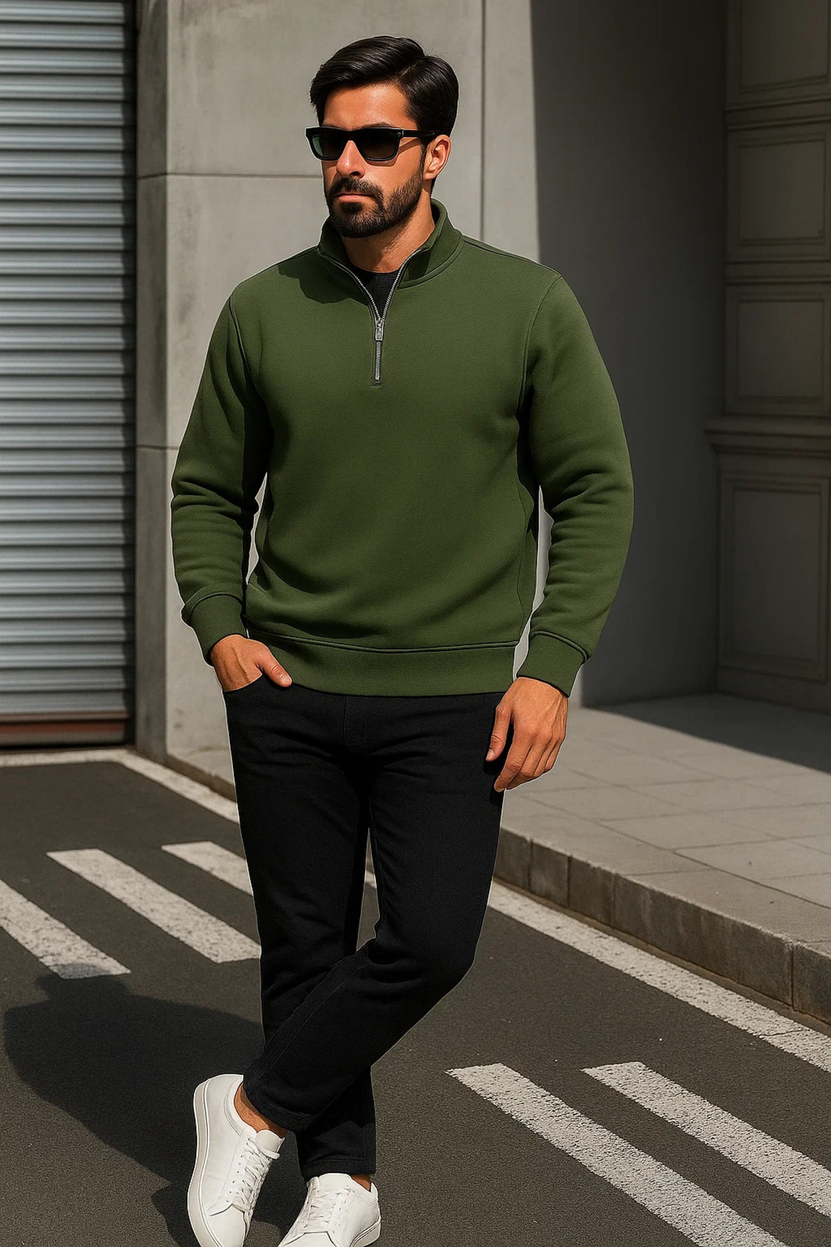 Erkek Trend Oversize Haki Fermuarlı Sweatshirt 3