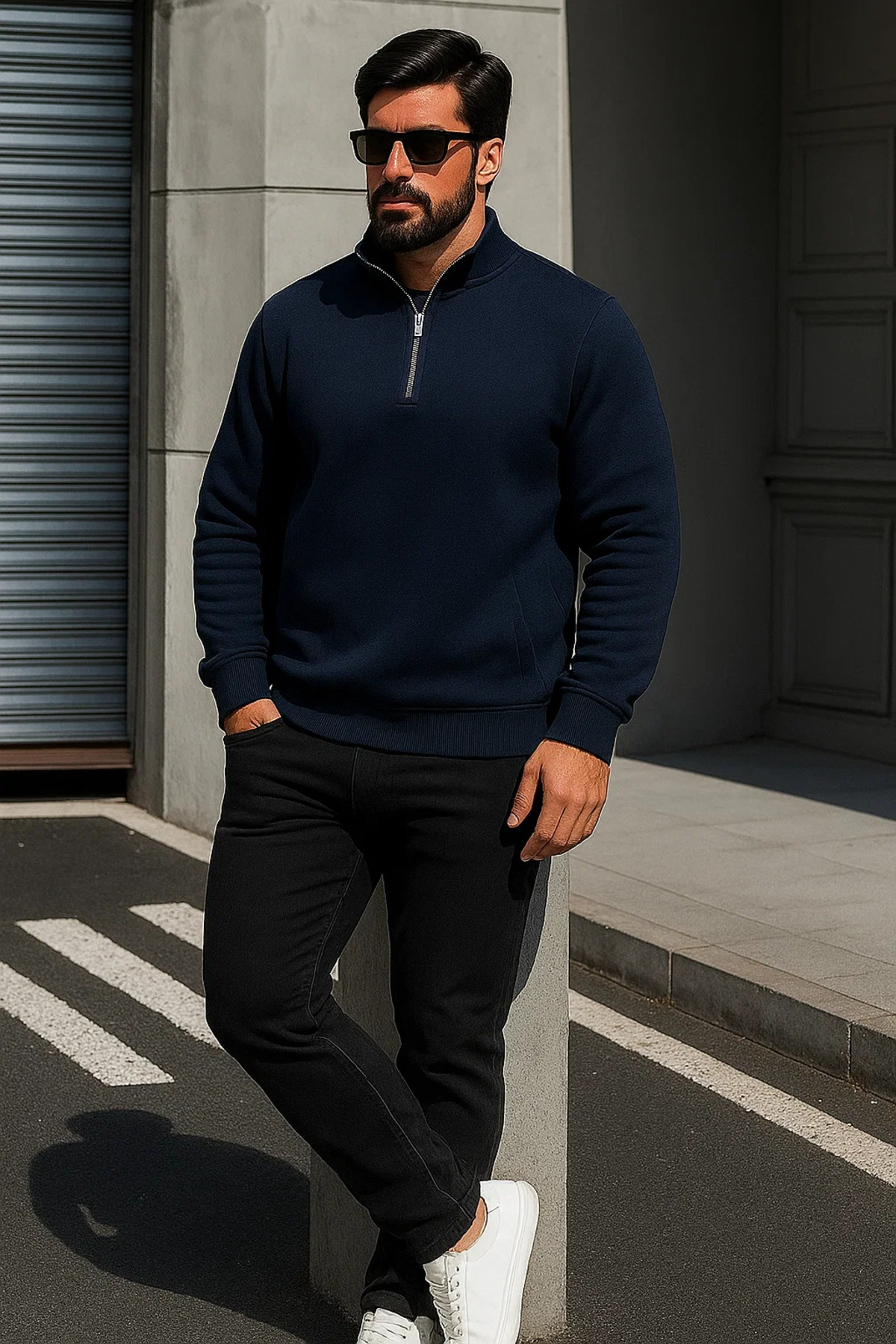 Erkek Trend Oversize Lacivert Fermuarlı Sweatshirt 3