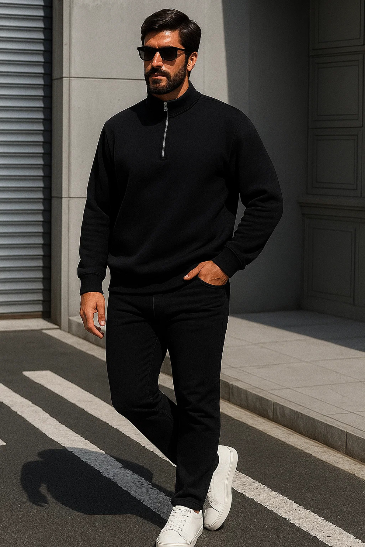 Erkek Trend Oversize Siyah Fermuarlı Sweatshirt 4