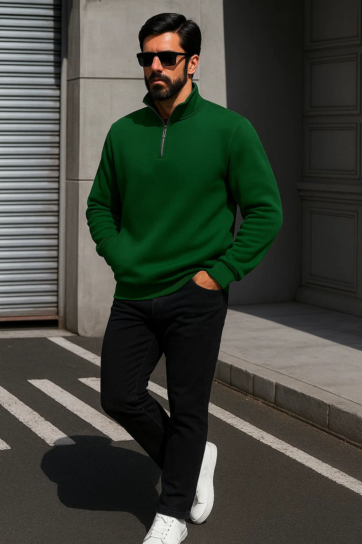Erkek Trend Oversize Yeşil Fermuarlı Sweatshirt 4