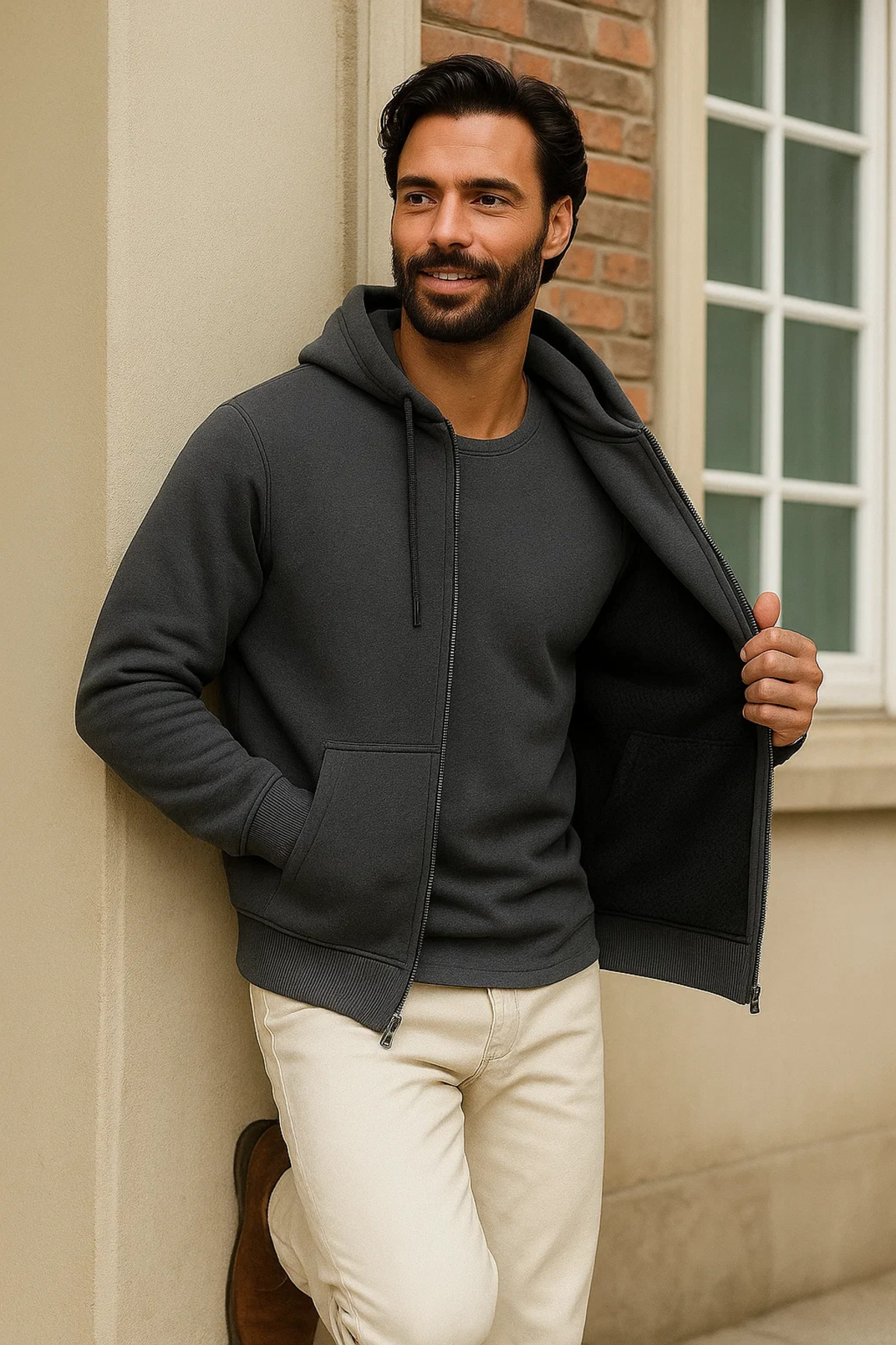 Erkek Kışlık Antrasit Oversize Uzun Hırka Sweatshirt 4