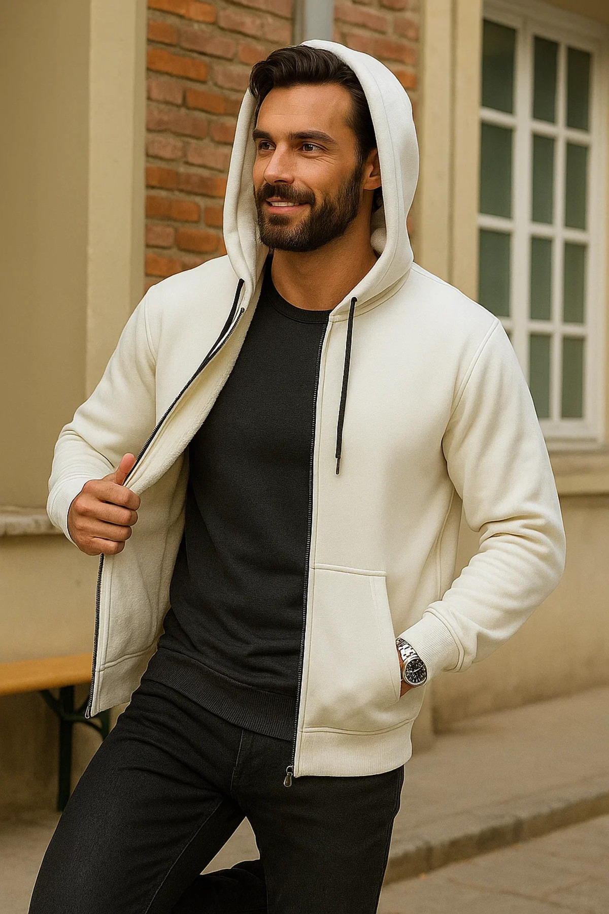 Erkek Kışlık Beyaz Oversize Uzun Hırka Sweatshirt 4