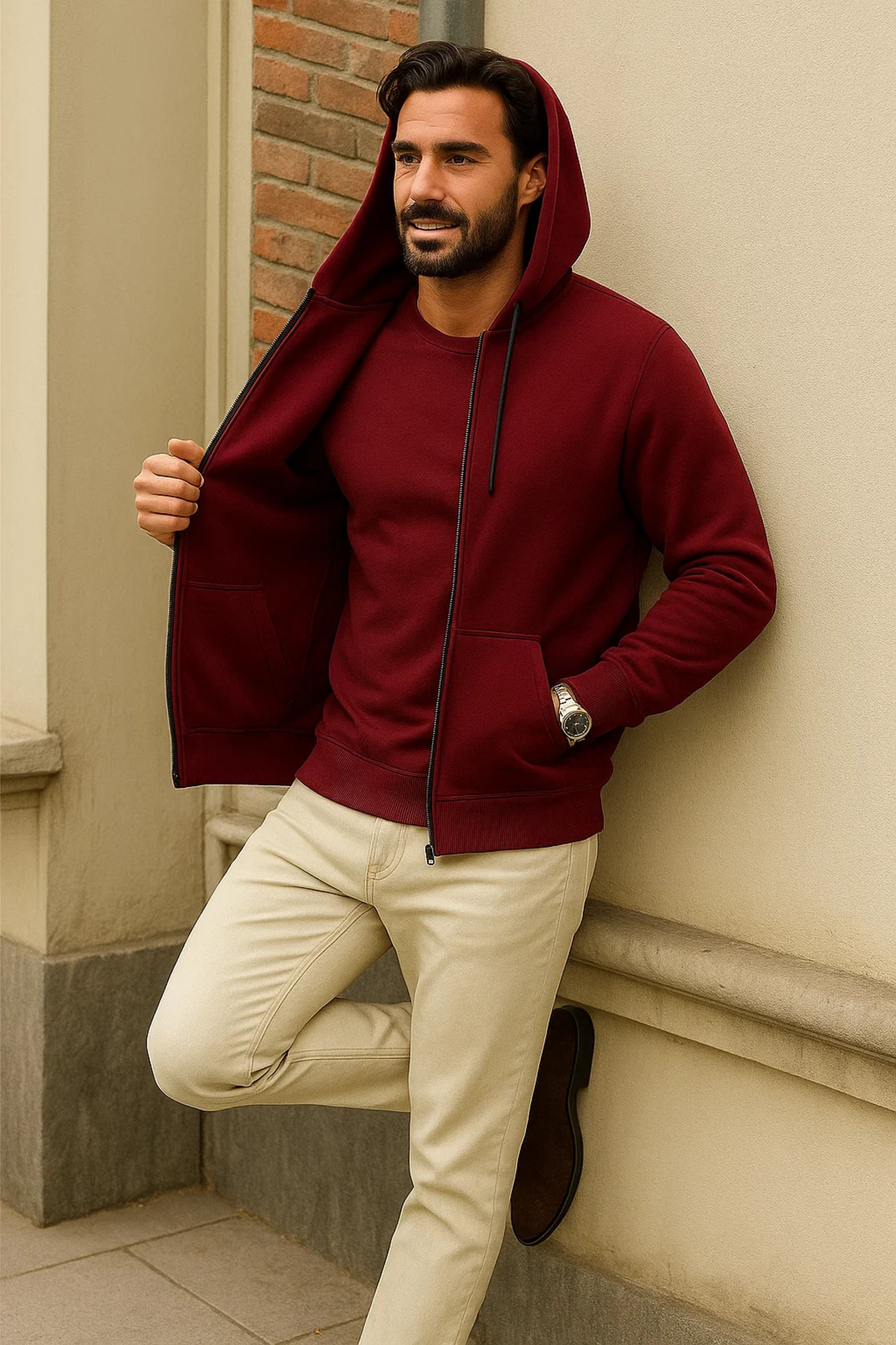 Erkek Kışlık Bordo Oversize Uzun Hırka Sweatshirt 3