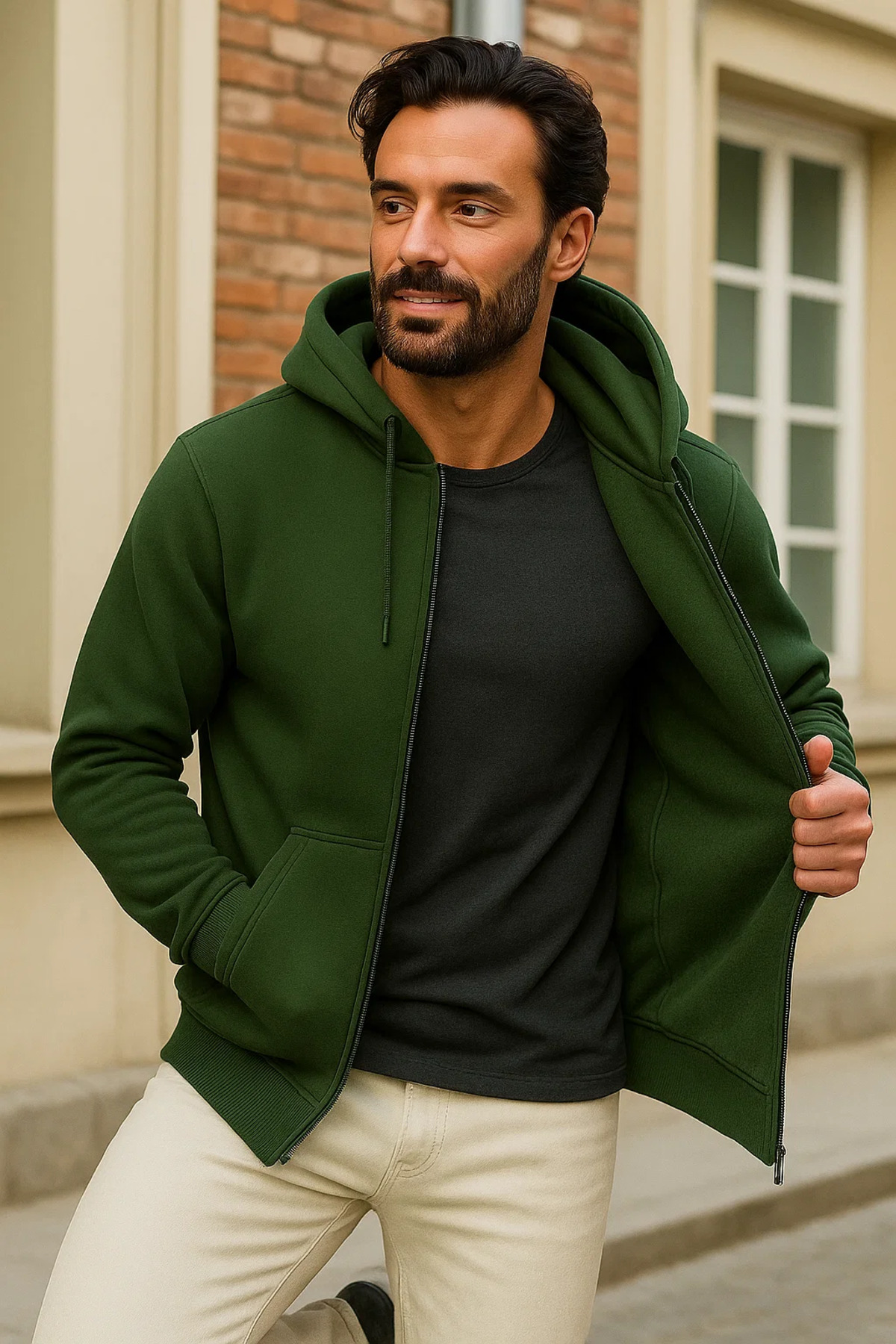Erkek Kışlık Haki Oversize Uzun Hırka Sweatshirt 3