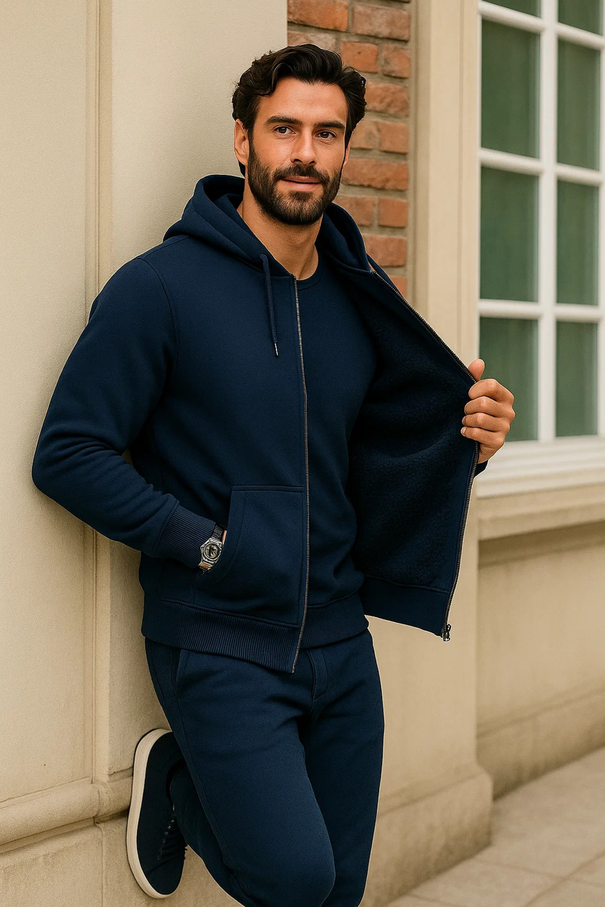 Erkek Kışlık Koyu Mavi Oversize Uzun Hırka Sweatshirt 3