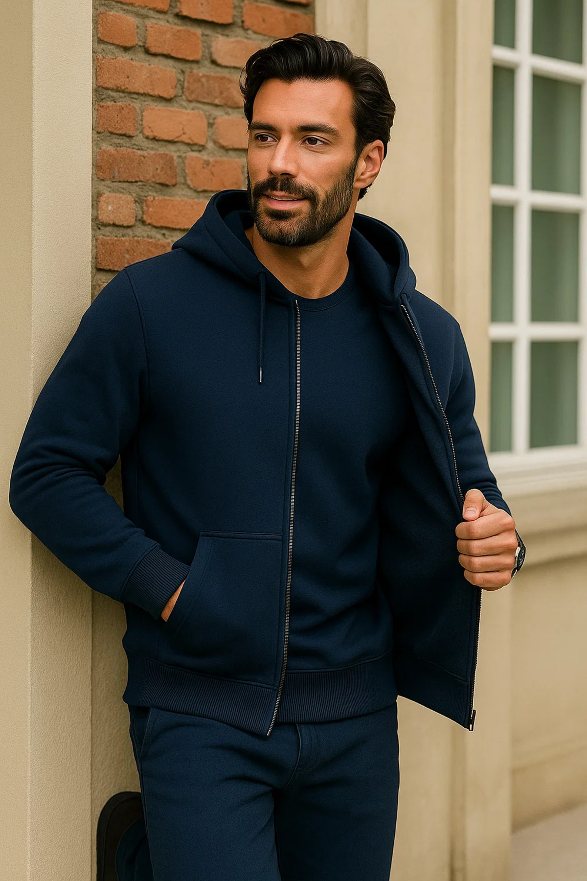 Erkek Kışlık Koyu Mavi Oversize Uzun Hırka Sweatshirt 4